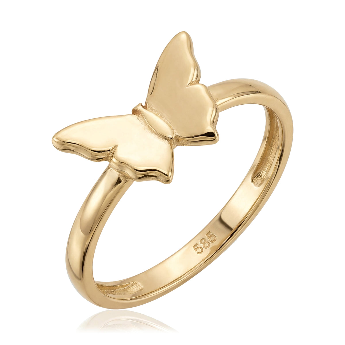 14K yellow gold butterfly ring, polished butterfly set on a slim rounded band, angled view on white