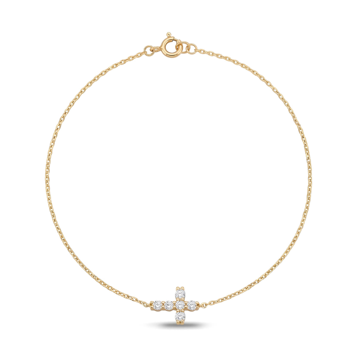 14K yellow gold cross bracelet, fine cable chain with a small clear stone cross and spring ring clasp