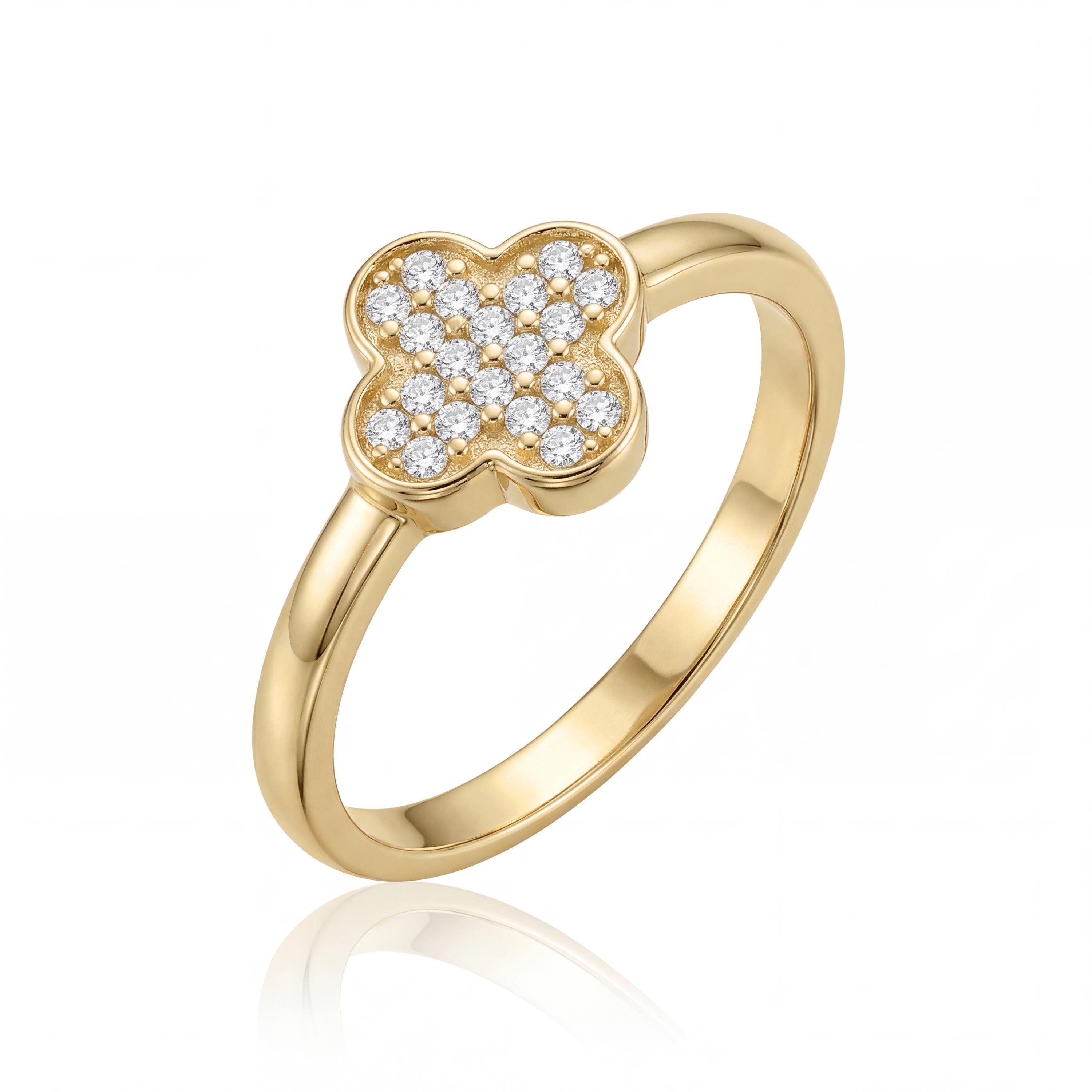 14K Solid Gold Clover Ring, Cubic Zirconia Cluster, Minimal Flower Jewelry, Dainty Everyday