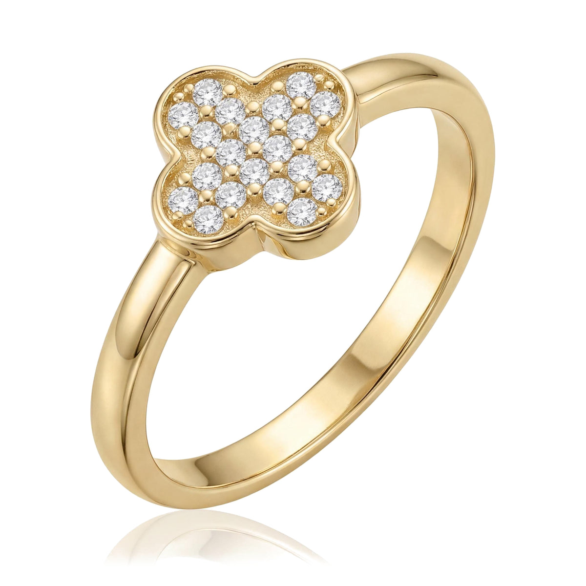 14K yellow gold clover ring, four-leaf top paved with cubic zirconia on a plain polished band