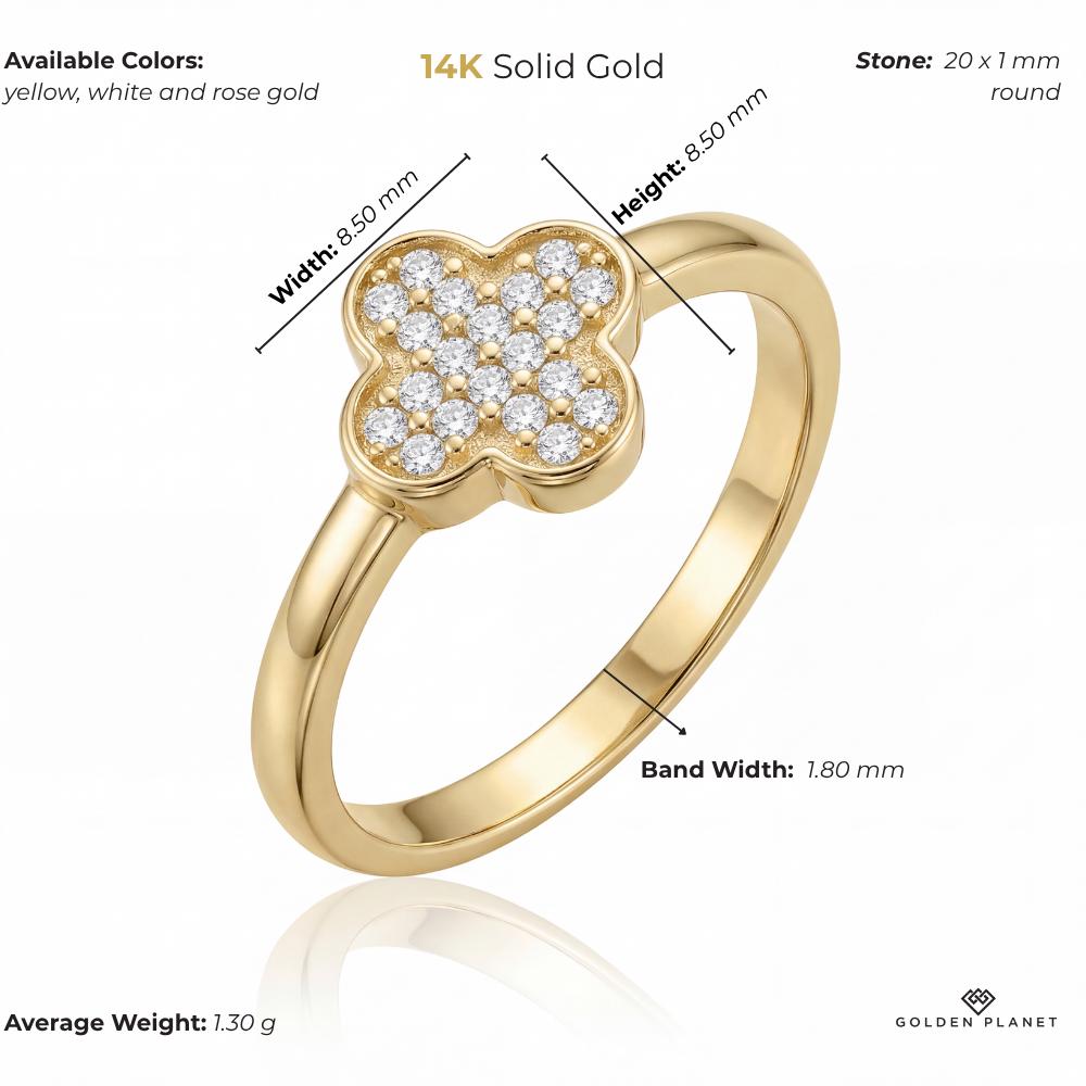 14K Solid Gold Clover Ring, Cubic Zirconia Cluster, Minimal Flower Jewelry, Dainty Everyday