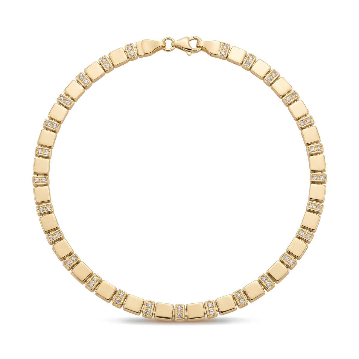 14K yellow gold tennis bracelet, polished square links alternating with CZ bars, lobster clasp