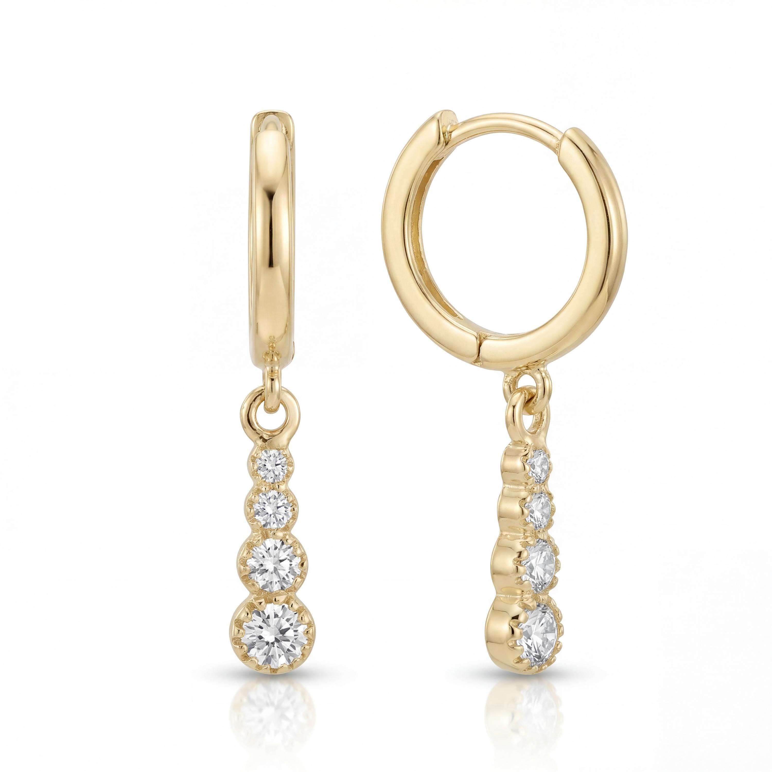 14K solid gold drop hoop earrings, stone dangle, product photo