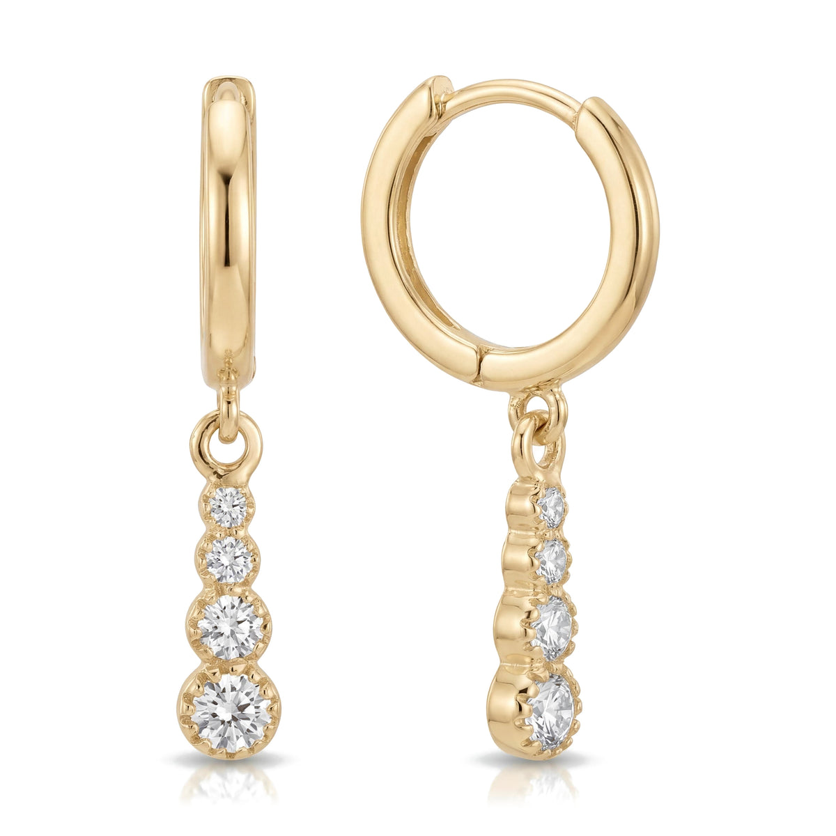 14K yellow gold drop hoop earrings, huggie hoops with four graduated clear stones, front and side view