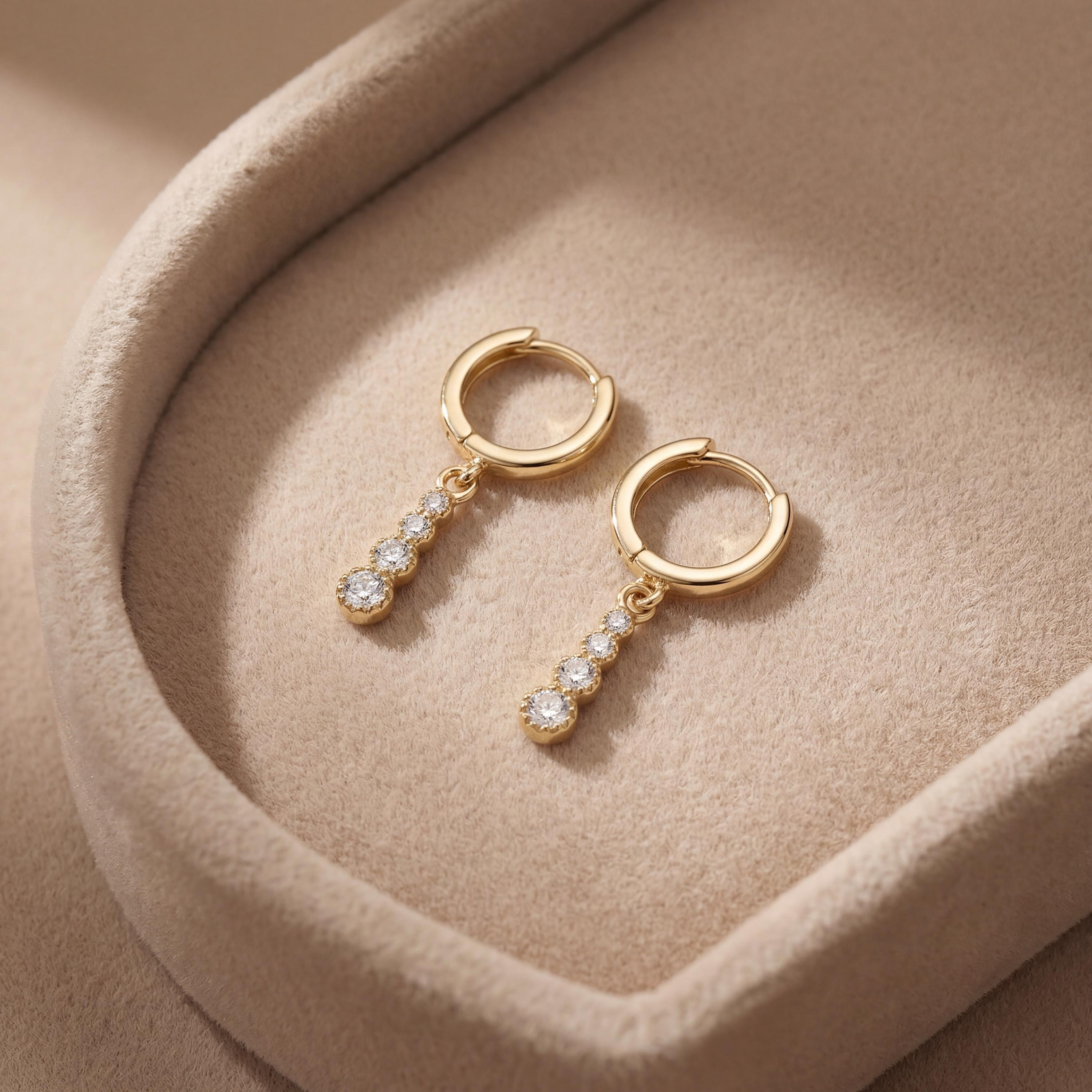 14K solid gold drop hoop earrings worn