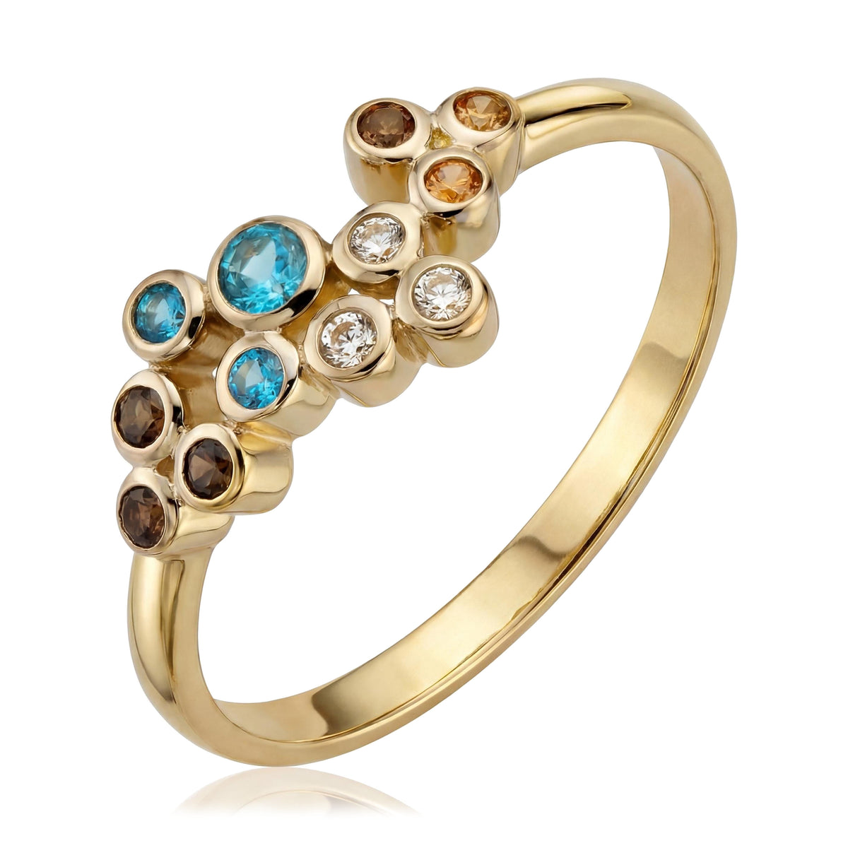 14K yellow gold multi stone ring, cluster of blue, brown, orange and clear cubic zirconia in bezels