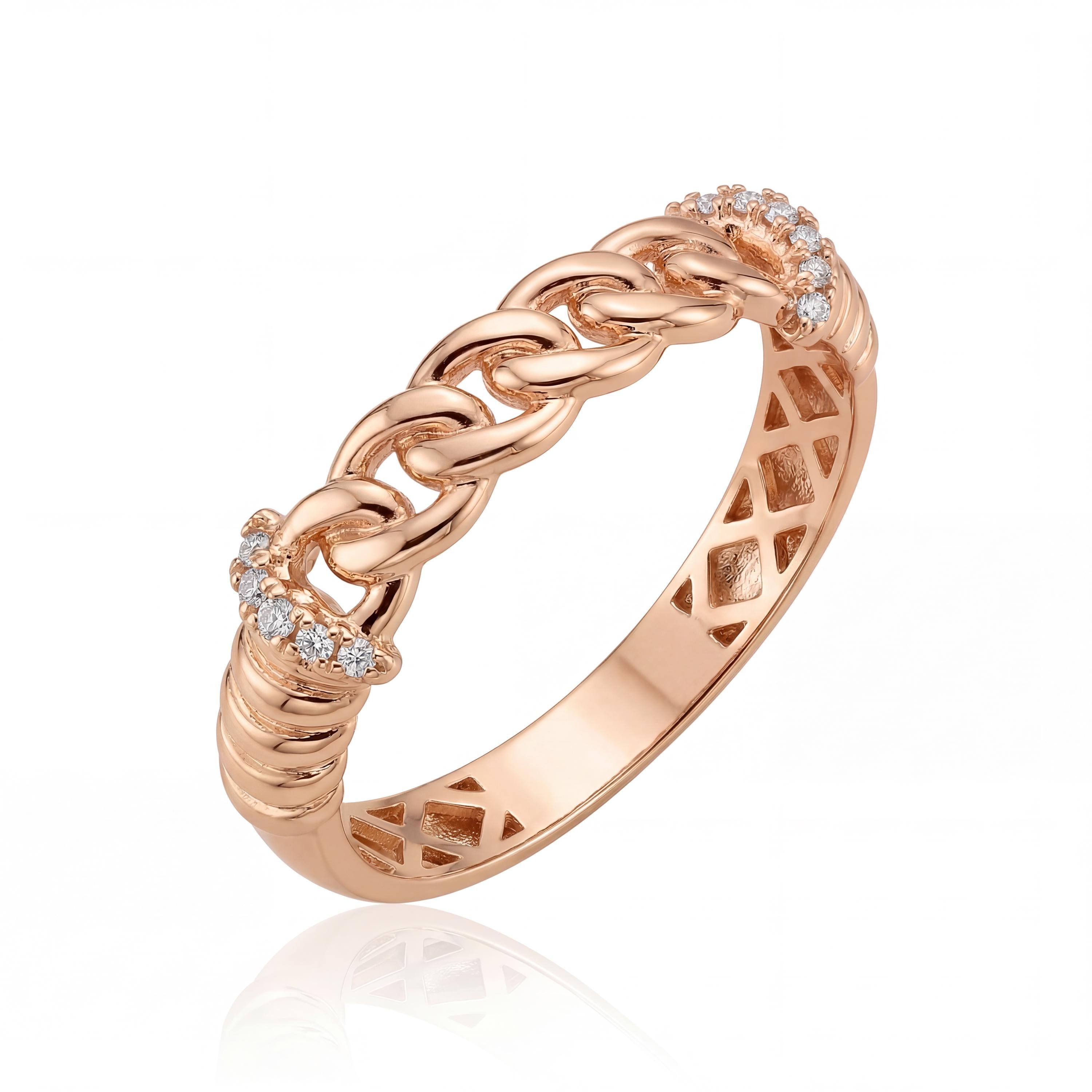 14K Solid Gold Curb Chain Link Ring, Pavé Accent - Minimal Elegant Fine Jewelry Women