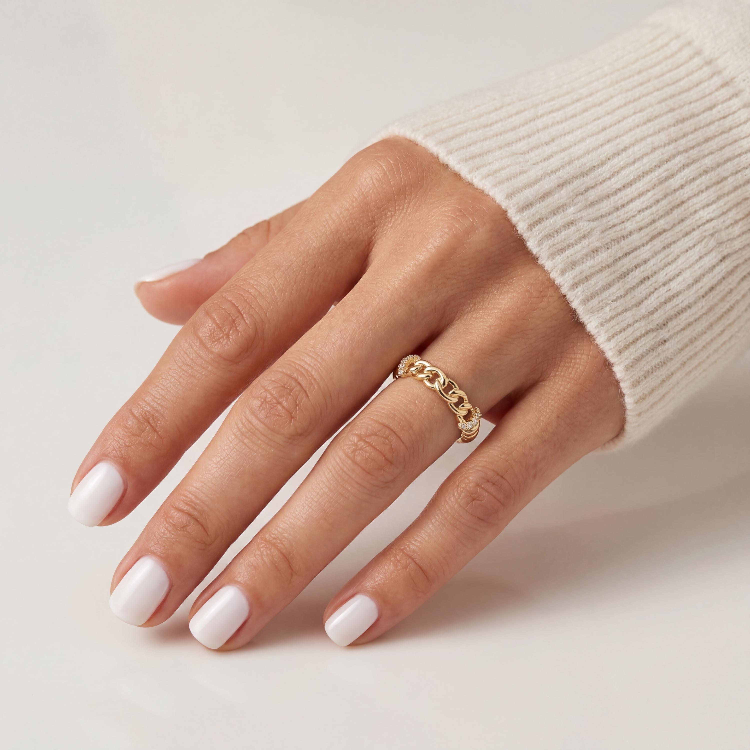 14K Solid Gold Curb Chain Link Ring, Pavé Accent - Minimal Elegant Fine Jewelry Women
