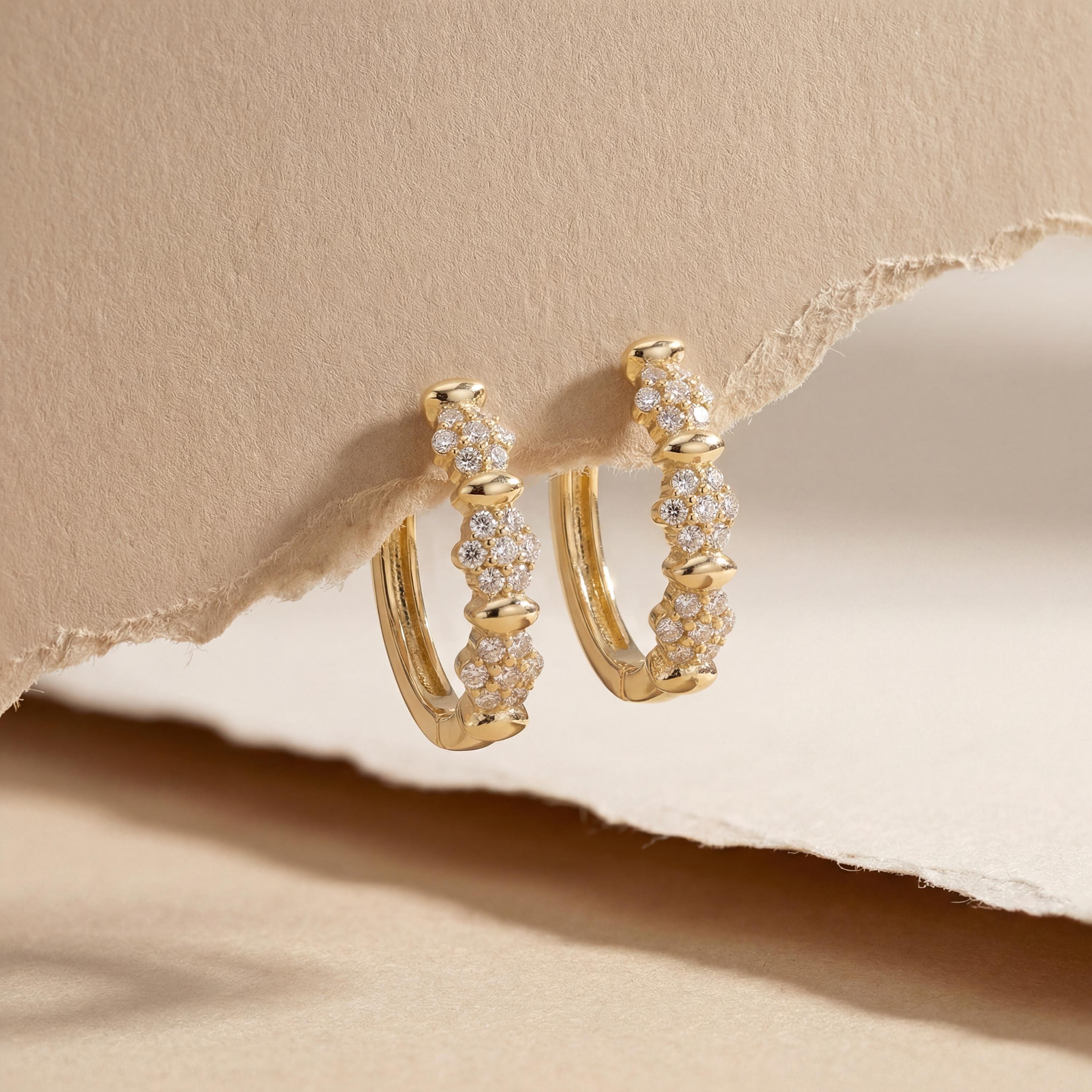 14K solid gold pavé hoop earrings, close-up detail