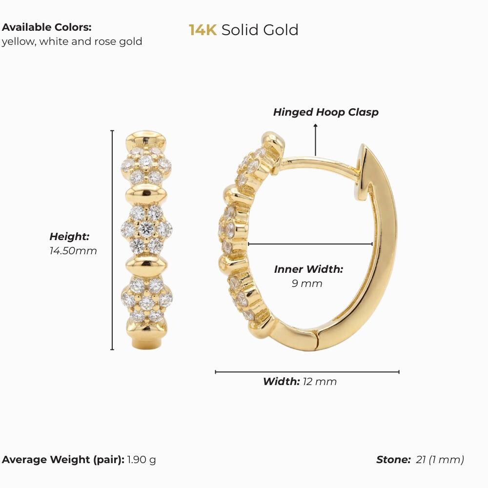 14K Solid Gold Pavé Hoop Earrings, Handmade Minimal Huggie for Women, Everyday Luxury Jewelry