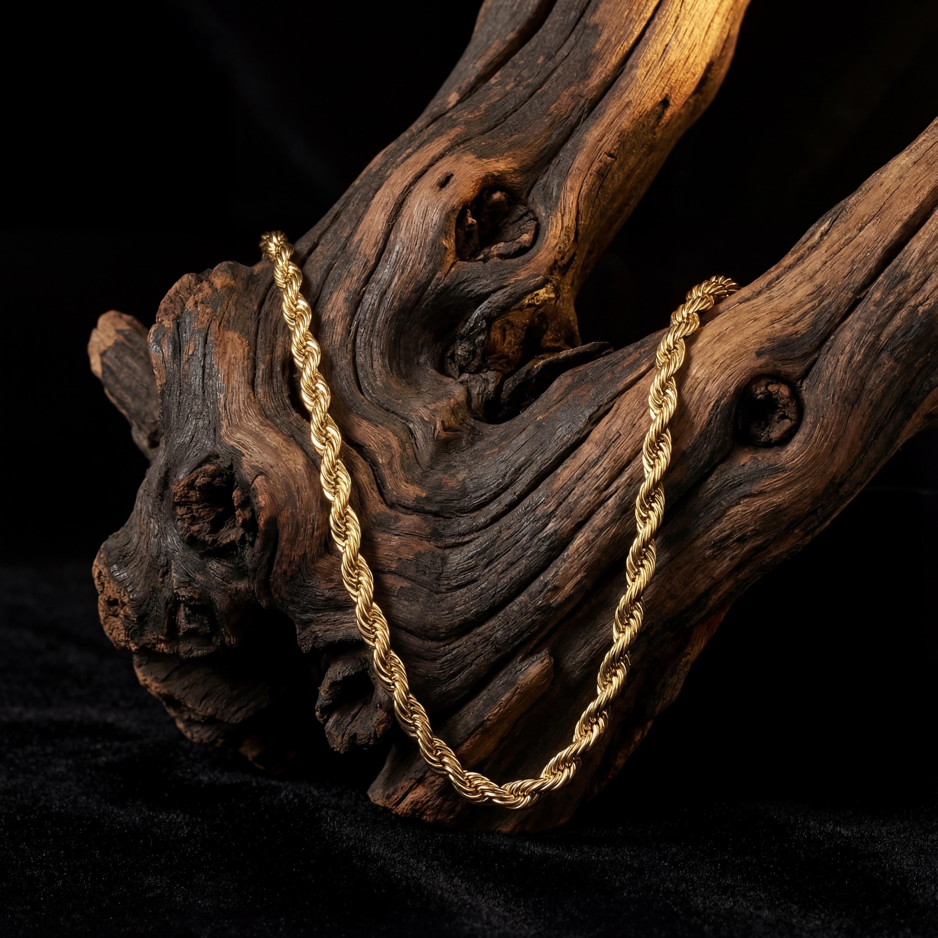14K solid gold rope chain necklace worn
