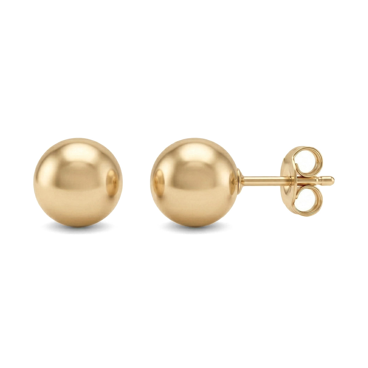14K yellow gold ball stud earrings, pair shown front and side with post and butterfly back