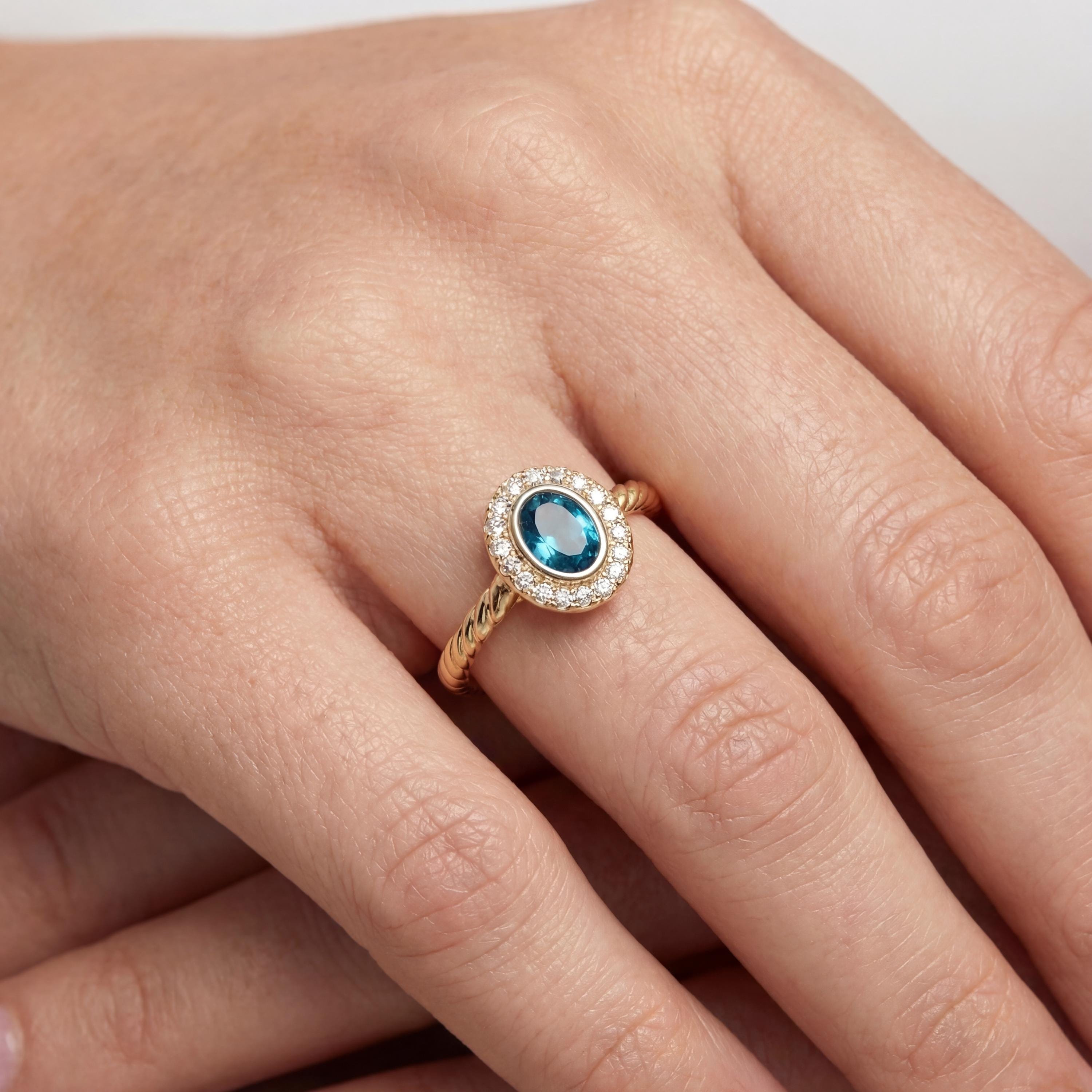 14K Solid Gold Turquoise Ring, Oval Halo Cluster Band - Dainty Twisted Rope Fine Jewelry