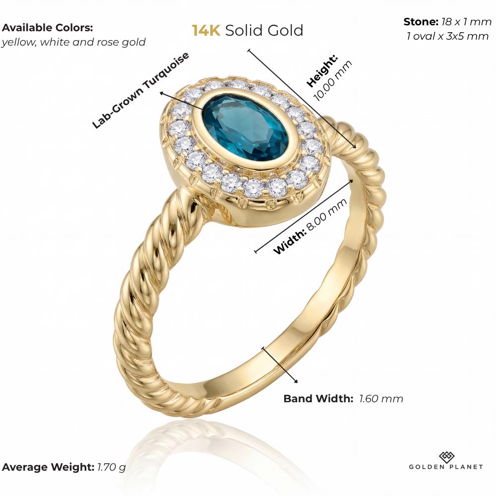 14K Solid Gold Turquoise Ring, Oval Halo Cluster Band - Dainty Twisted Rope Fine Jewelry