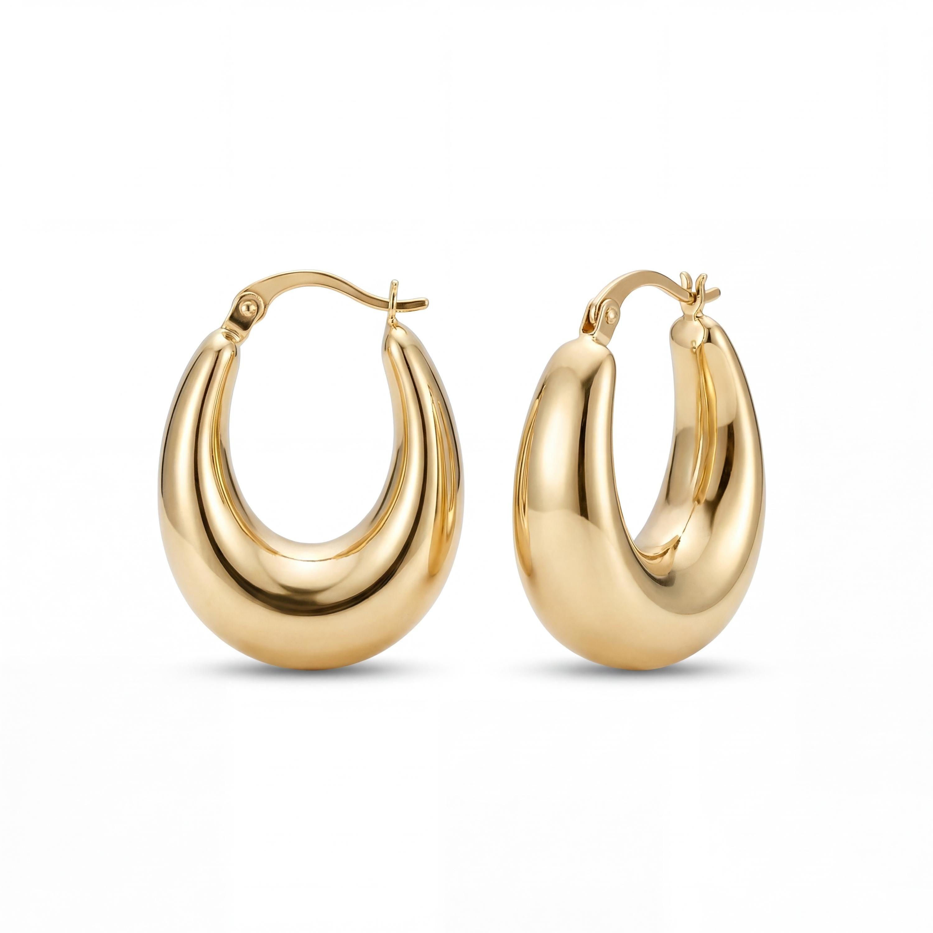 14K solid gold chunky hoop earrings, bold dome, product photo