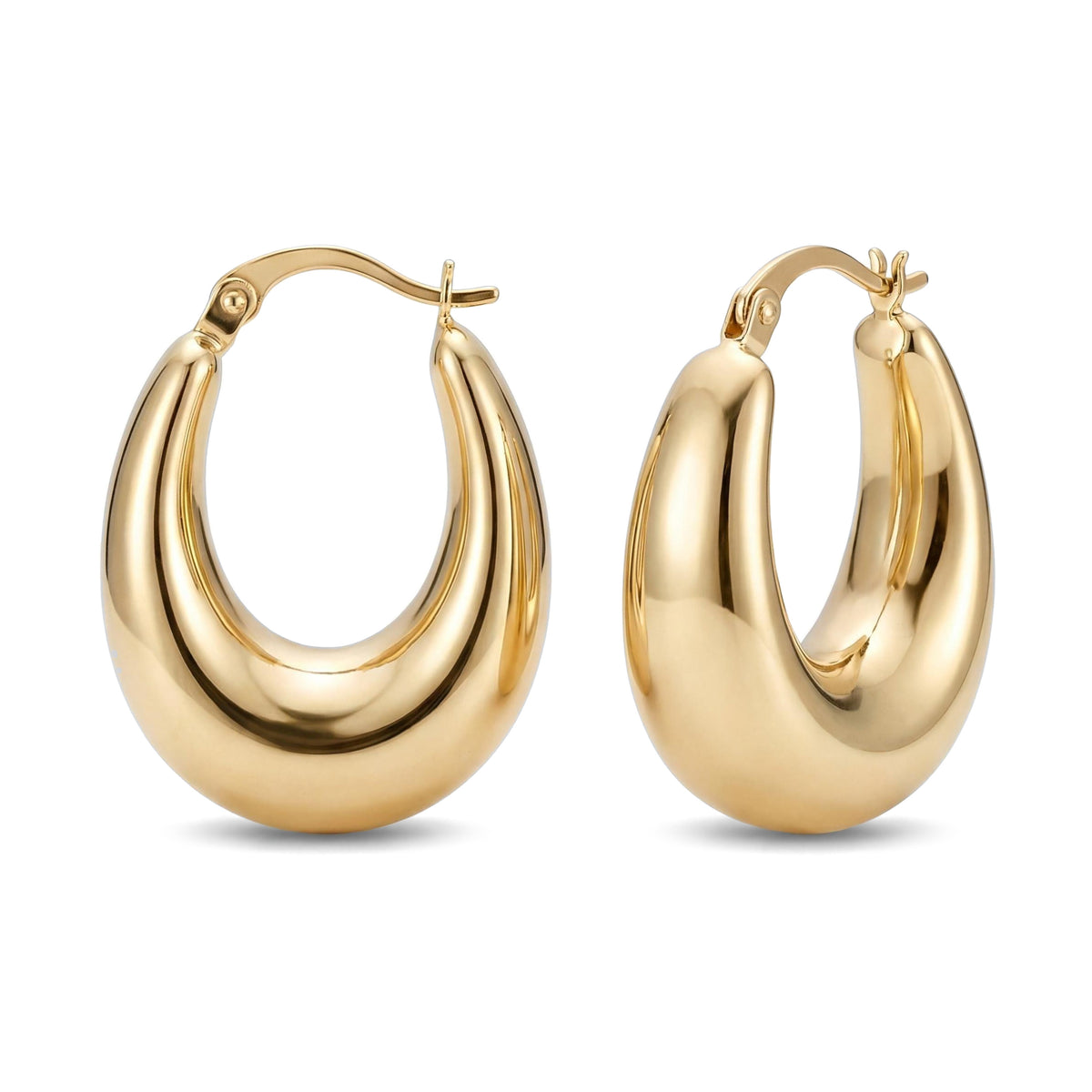 14K yellow gold chunky dome hoop earrings, pair shown front and side with latch closure on white