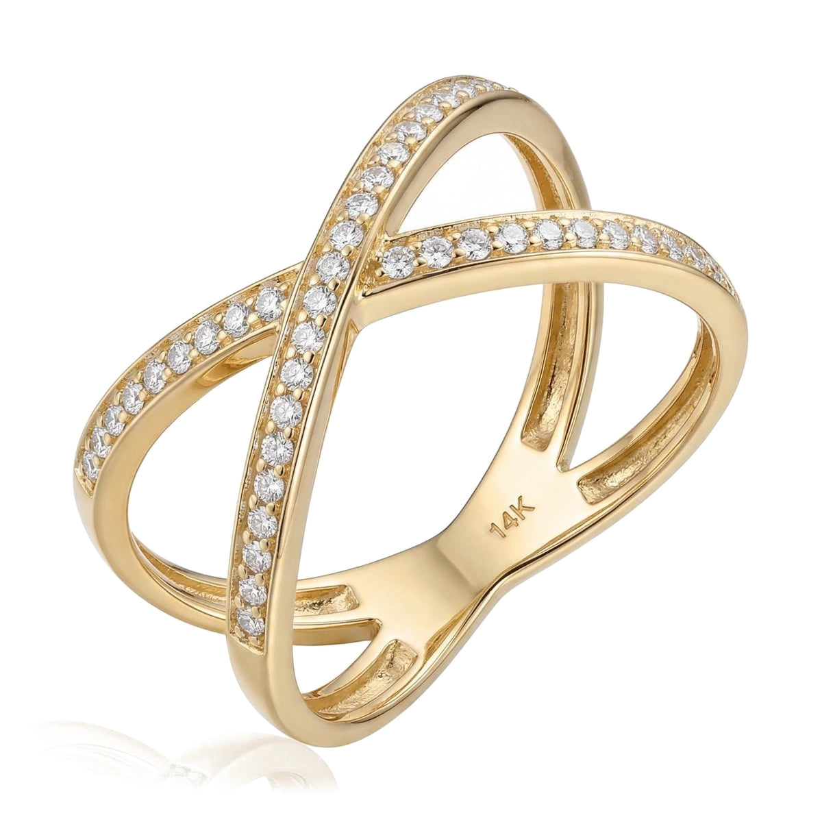 14K yellow gold crossover ring, two pavé bands of clear stones crossing in an X, angled view