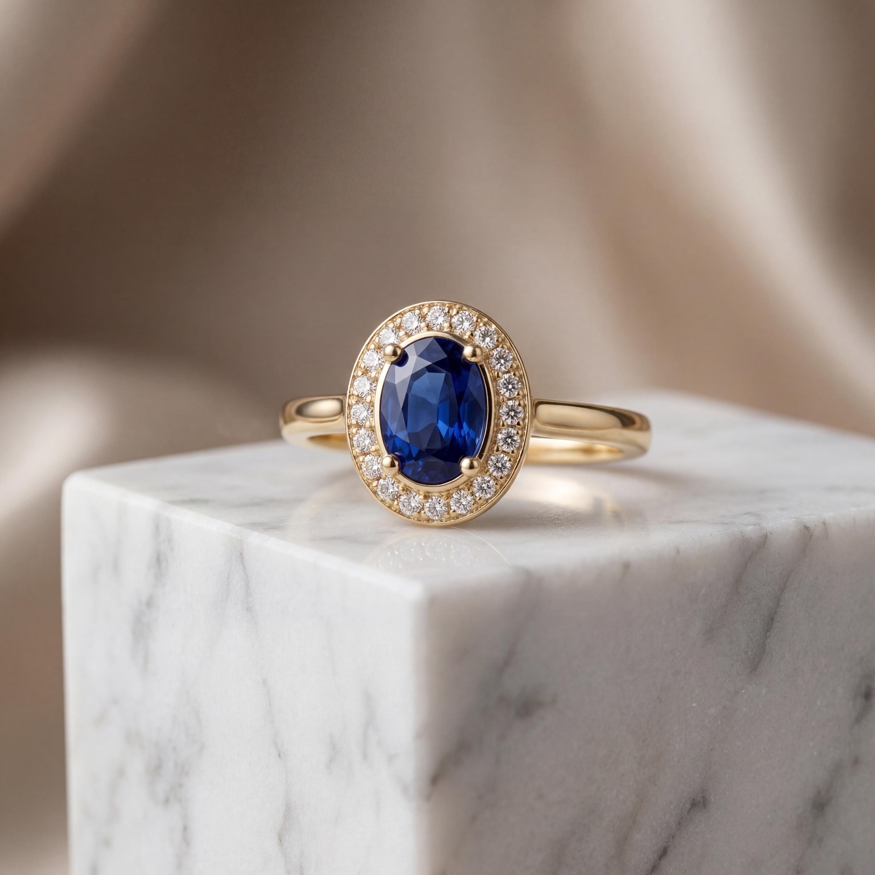 14K solid gold sapphire ring worn on hand