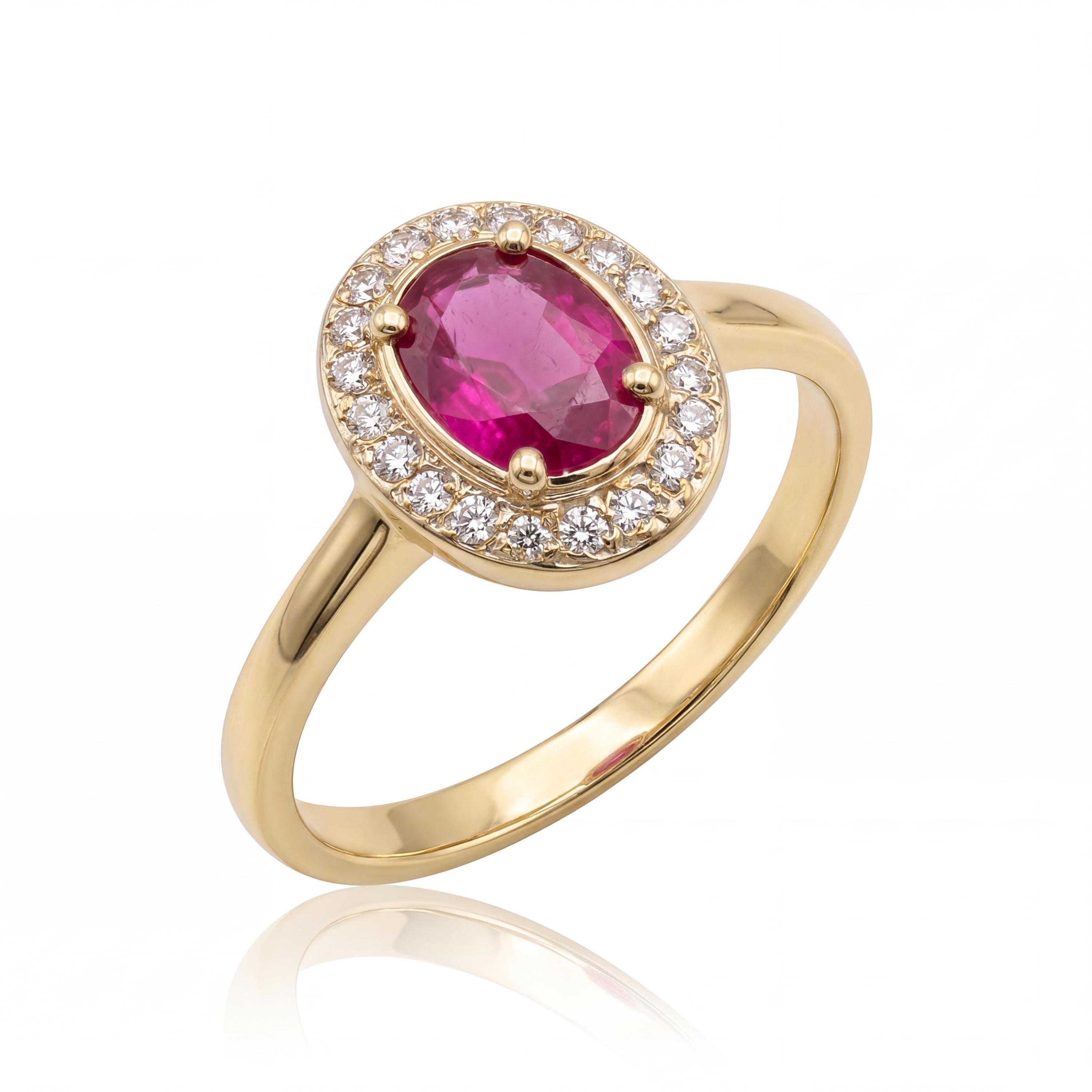 14K solid gold ruby ring, oval halo lab-grown pink stone, product photo
