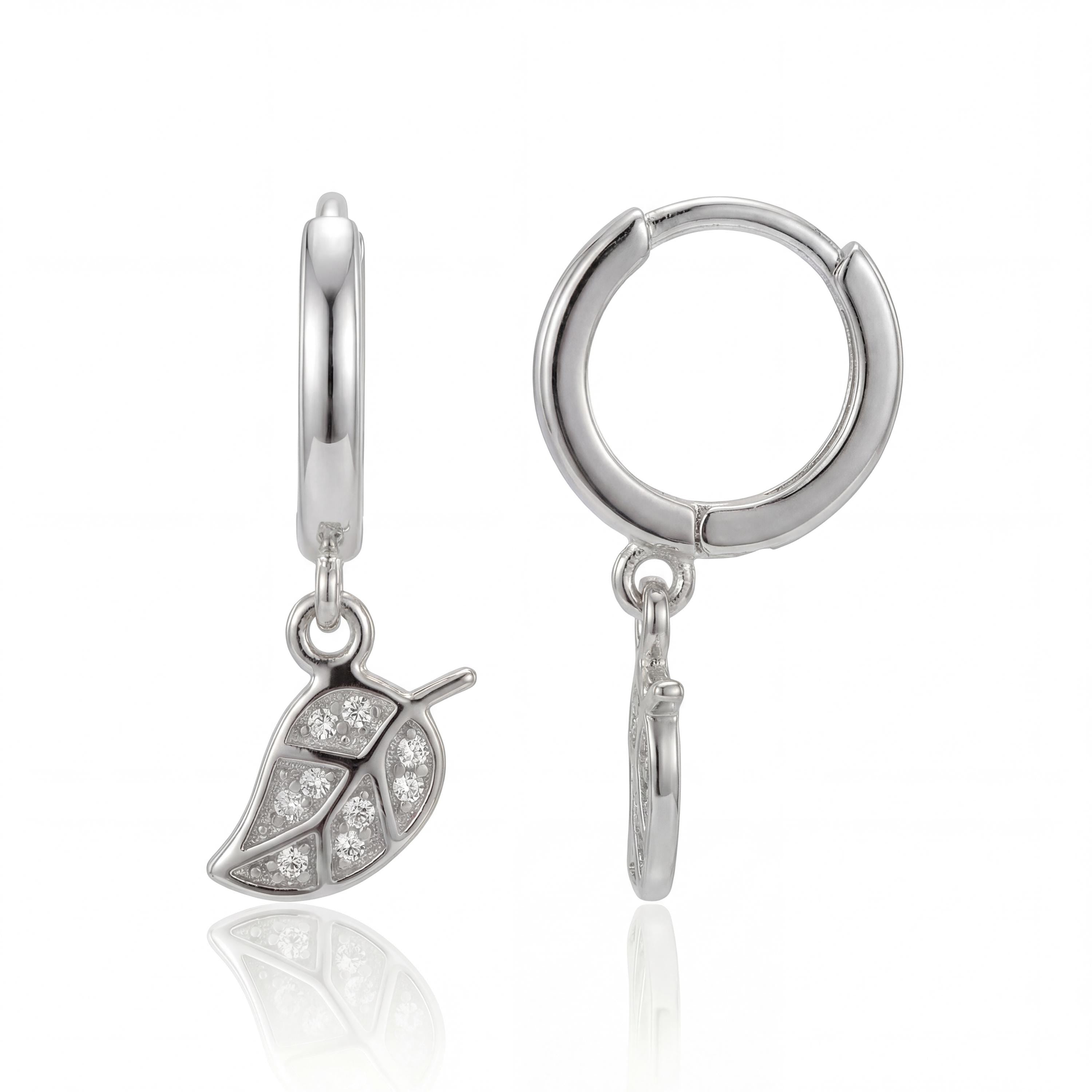 14K Gold Leaf Hoop Earrings Dangle Diamond Charm Minimal Luxury Gift For Her