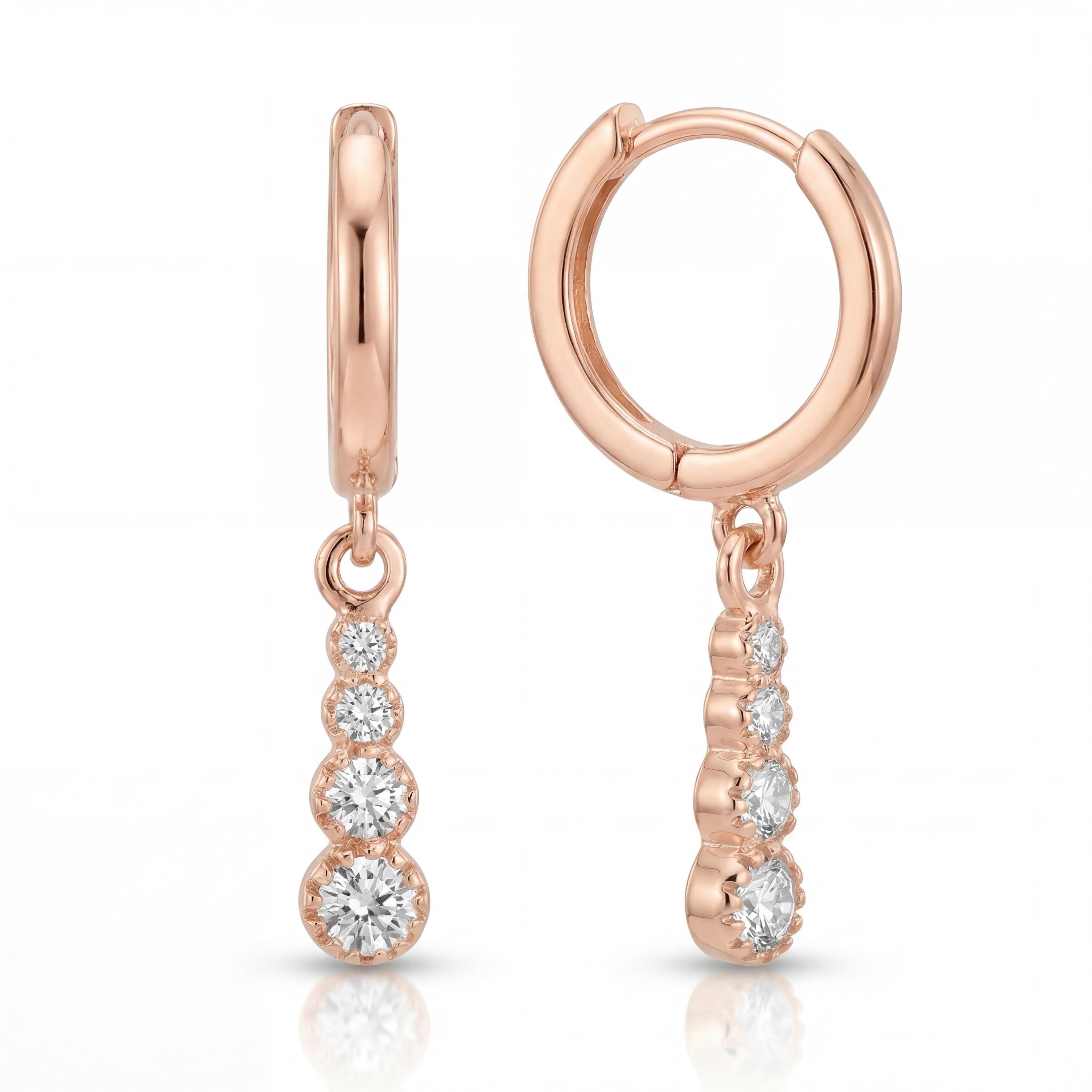 14K solid gold drop hoop earrings, close-up detail