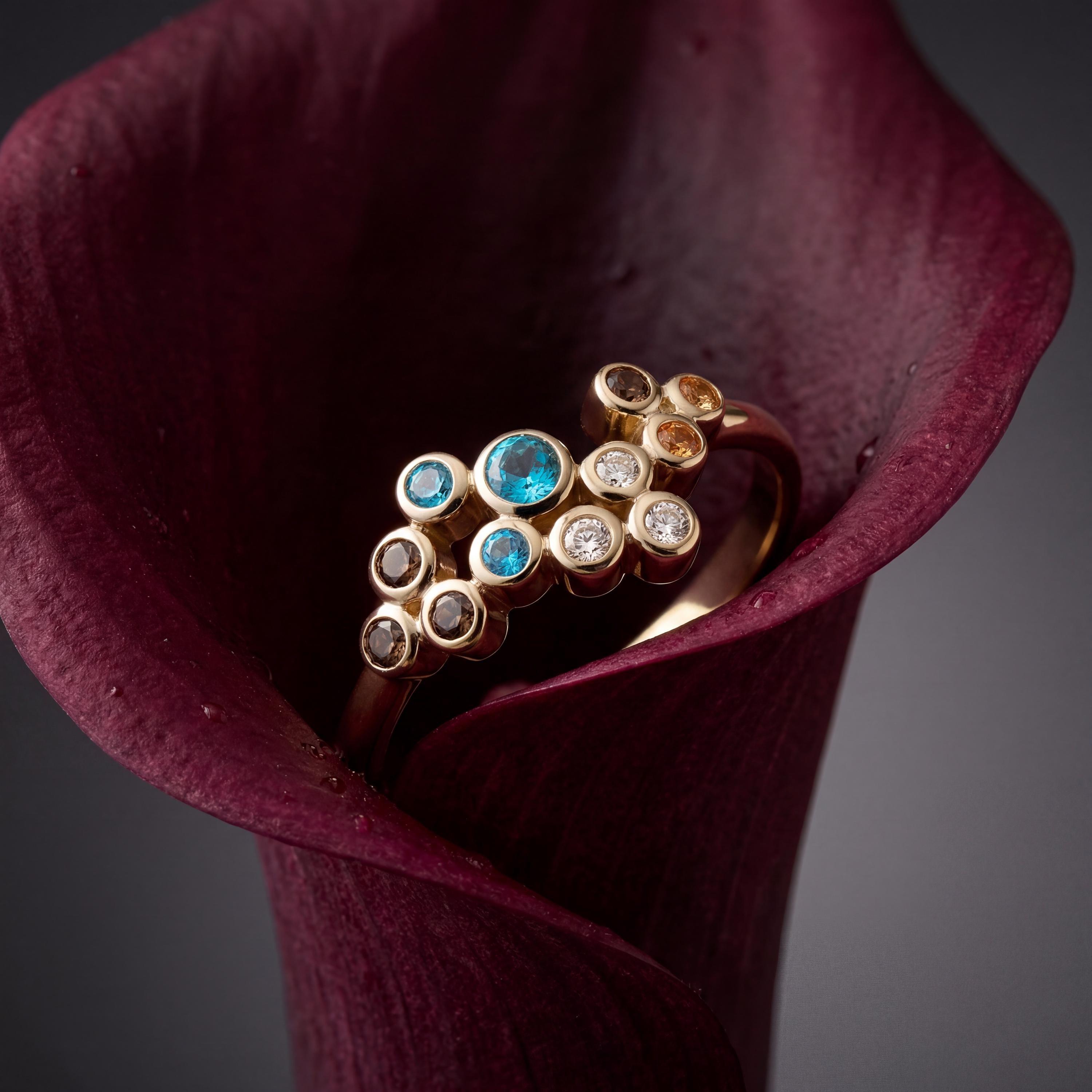 14K Solid Gold Multi Stone Ring, Colorful Cluster Gemstone Band - Dainty Fine Jewelry