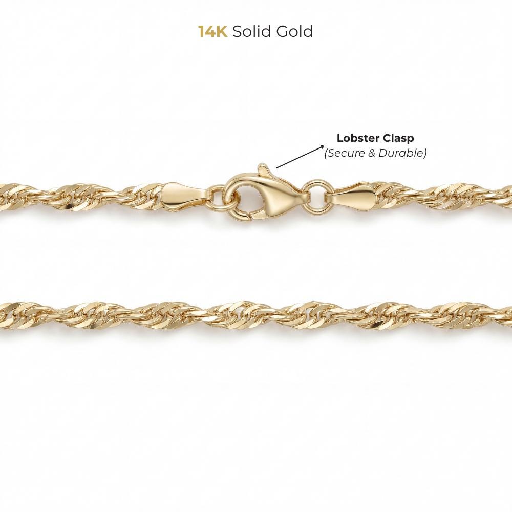 14K Solid Gold Singapore Chain Necklace, Twisted Rope, Minimal Elegant Layering Jewelry