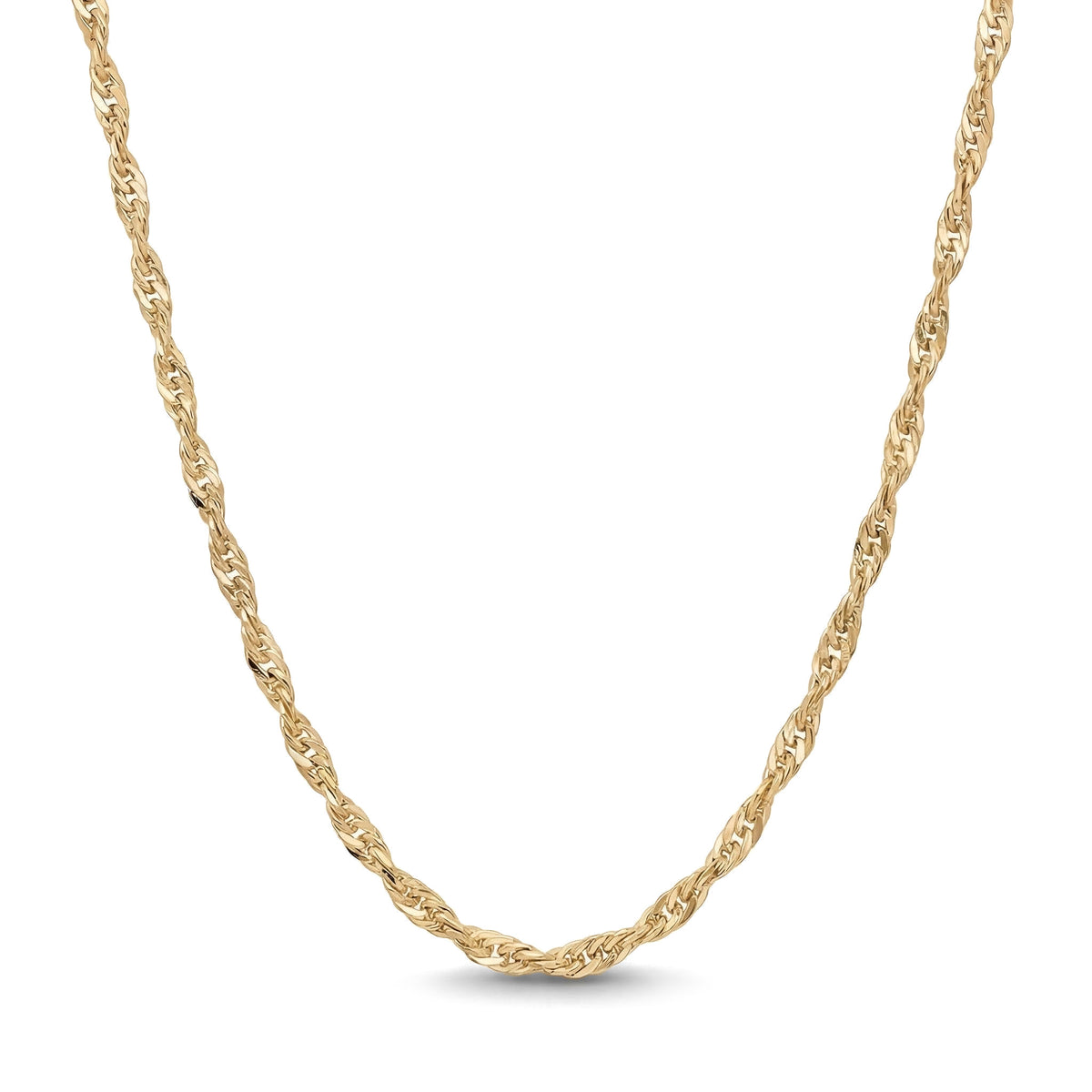 14K yellow gold Singapore chain necklace, flat twisted links catching the light, draped on white