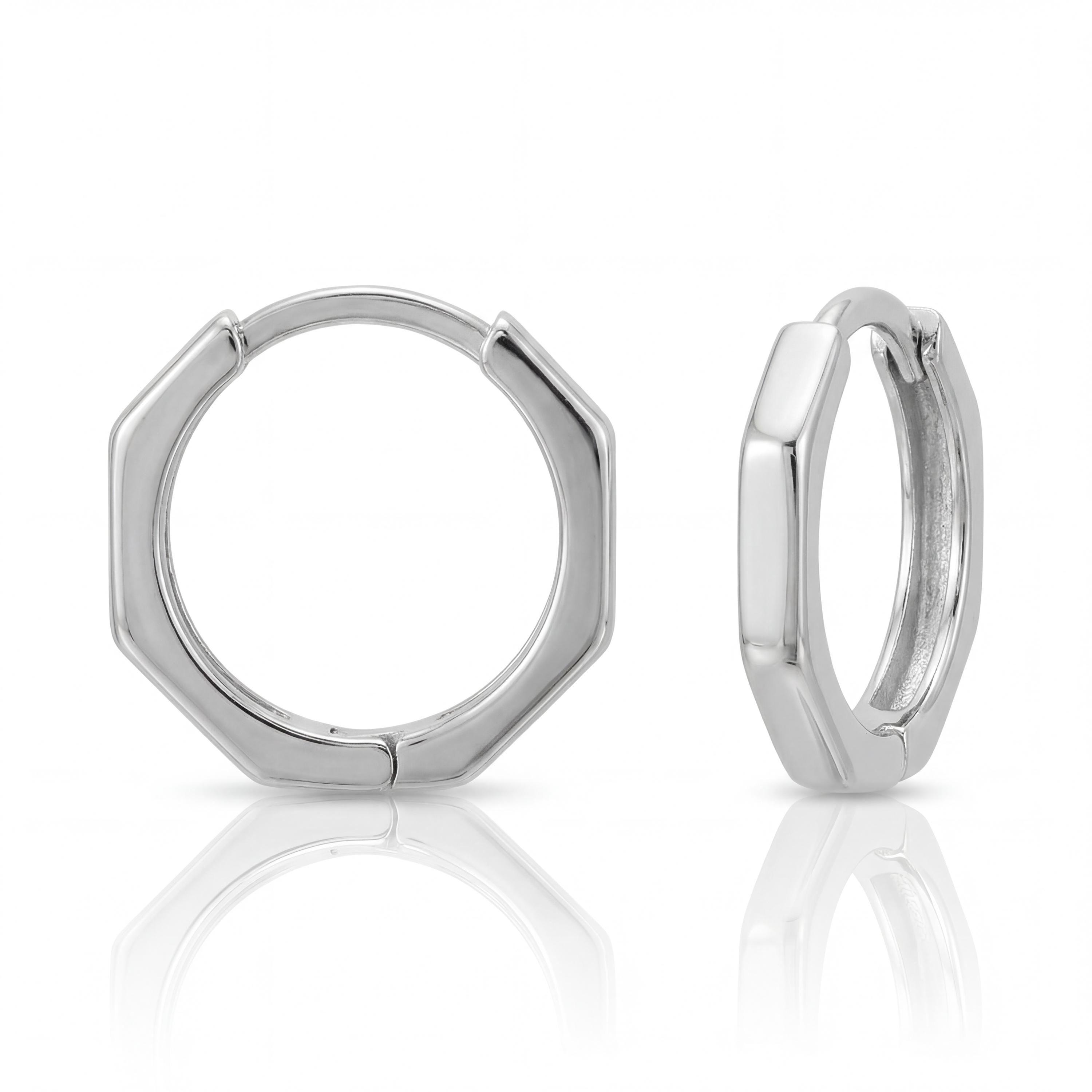 14K solid gold hexagon hoop earrings, styled view
