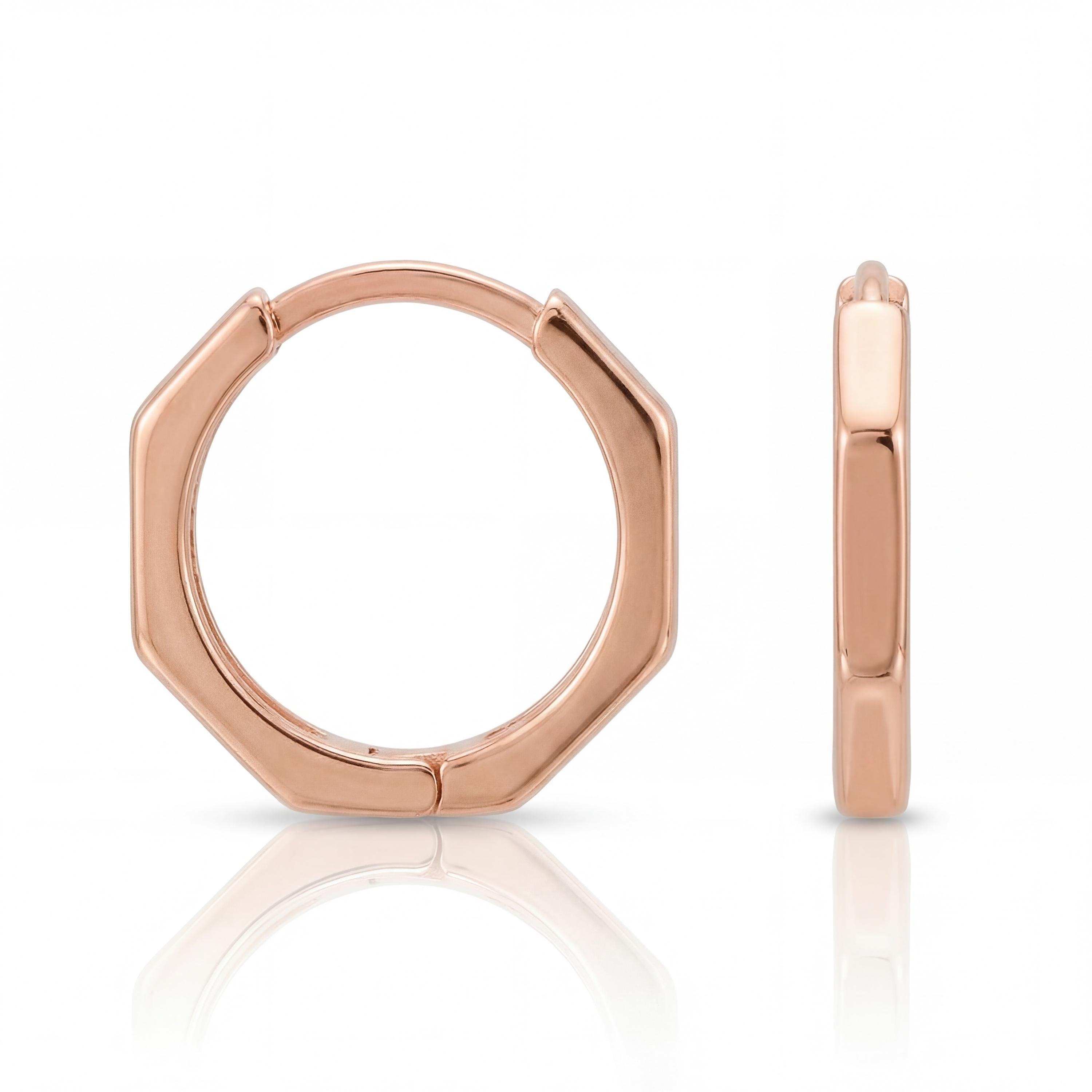 14K solid gold hexagon hoop earrings, close-up detail