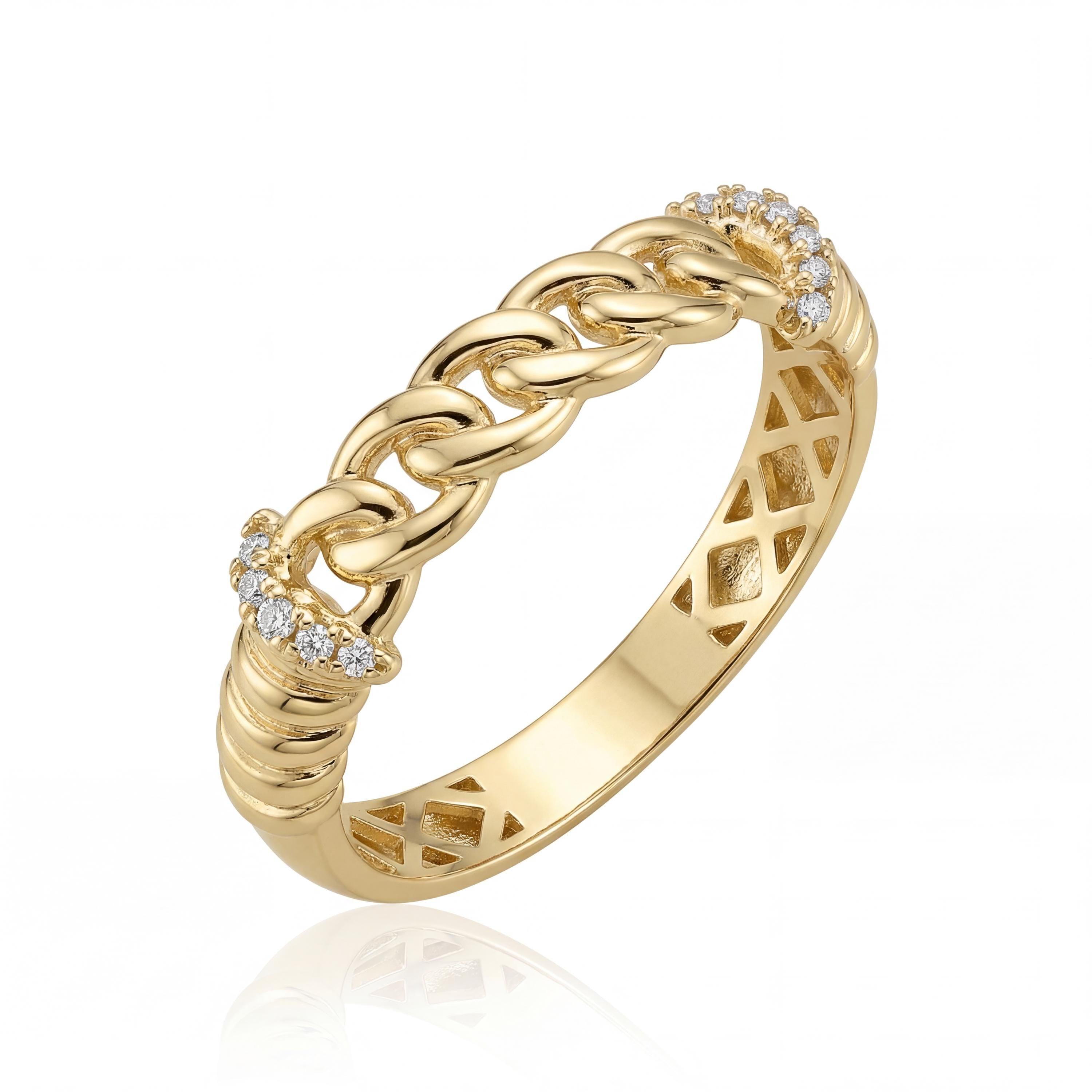14K Solid Gold Curb Chain Link Ring, Pavé Accent - Minimal Elegant Fine Jewelry Women