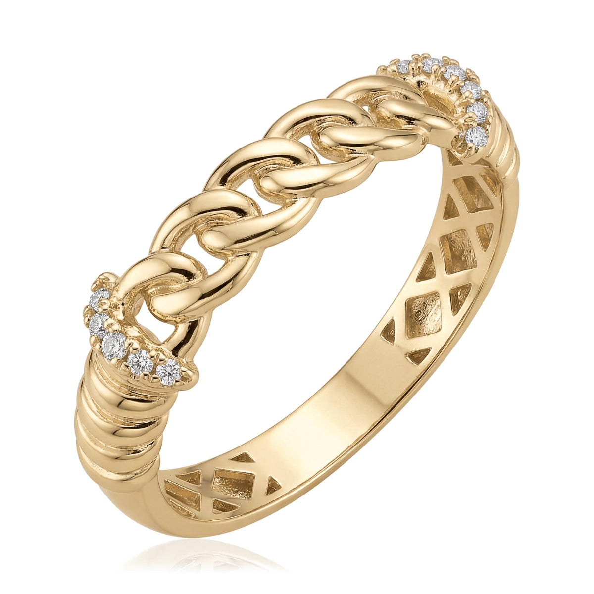 14K yellow gold curb chain link ring with clear stone pavé ends and ribbed shoulders, angled view