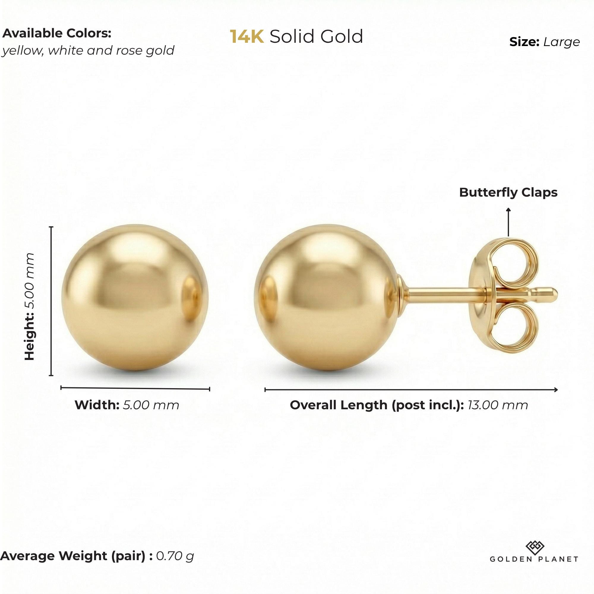 14K Solid Gold Ball Stud Earrings, Minimal Sphere Studs - Dainty Everyday Fine Jewelry Classic