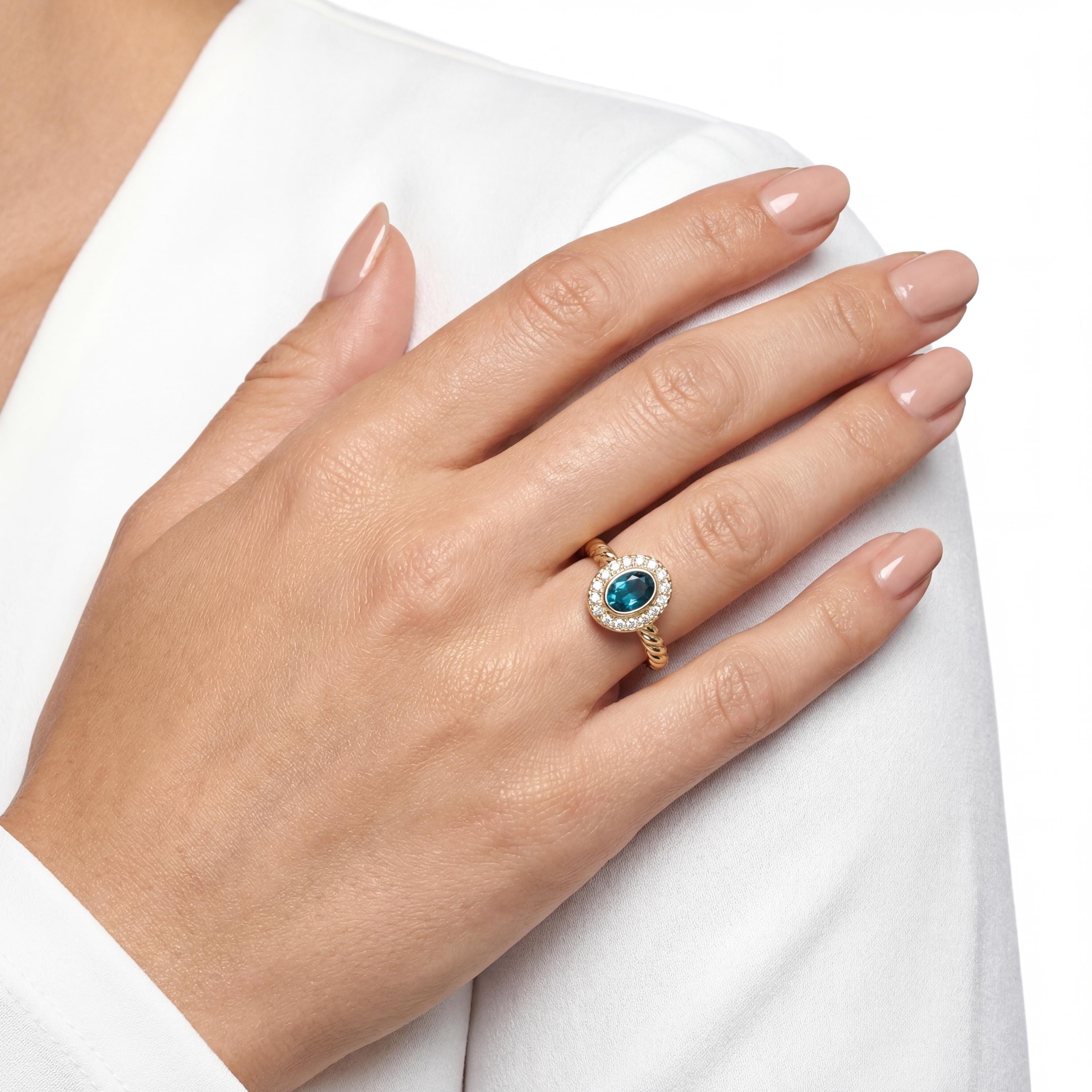 14K Solid Gold Turquoise Ring, Oval Halo Cluster Band - Dainty Twisted Rope Fine Jewelry