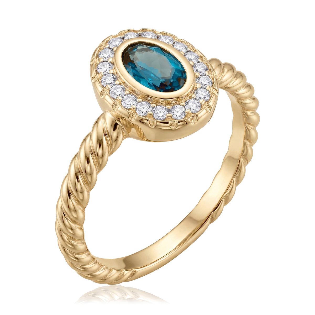 14K yellow gold simulated turquoise ring, oval teal stone in a clear stone halo on a twisted rope band, on white