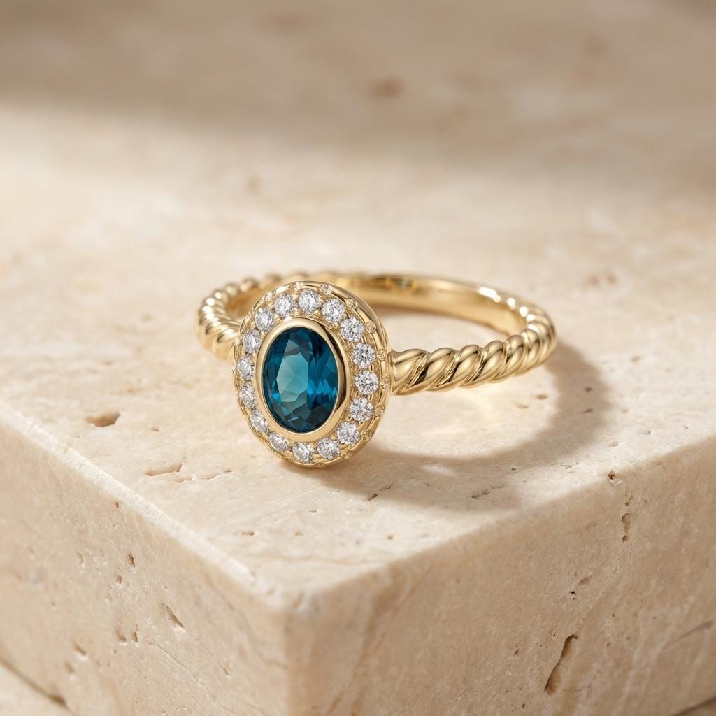 14K Solid Gold Turquoise Ring, Oval Halo Cluster Band - Dainty Twisted Rope Fine Jewelry