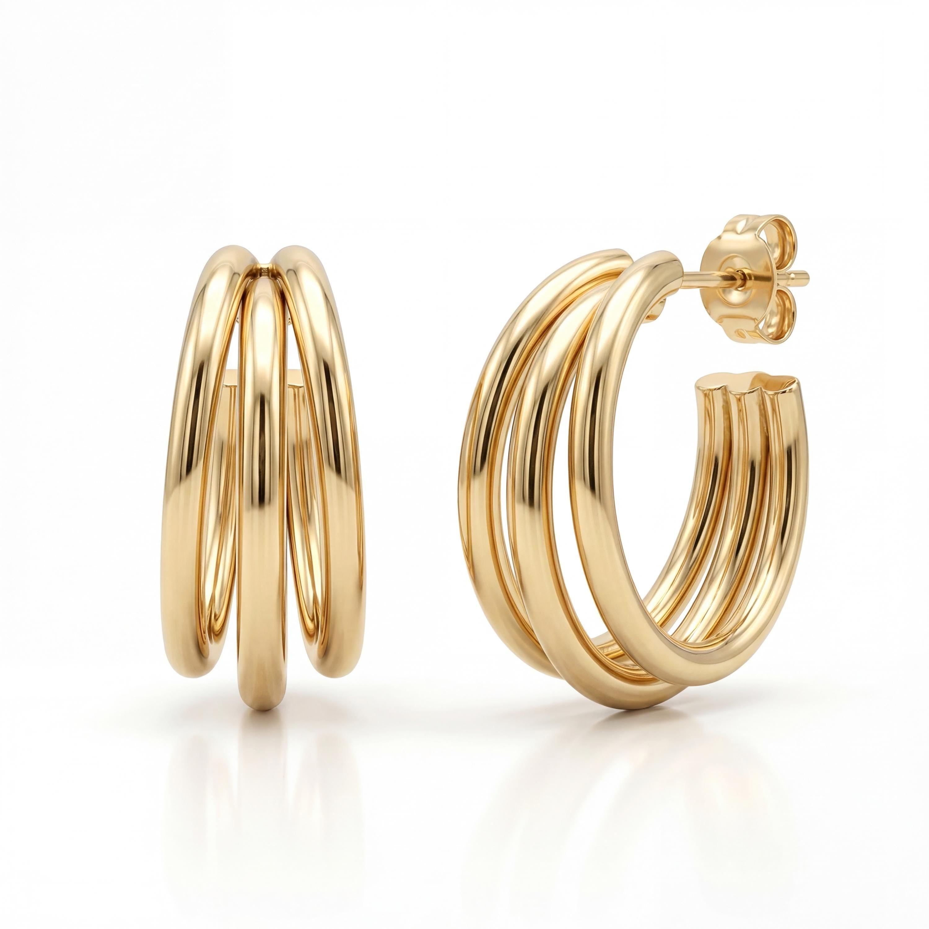 14K gold triple hoop earrings, chunky minimalist statement, product photo