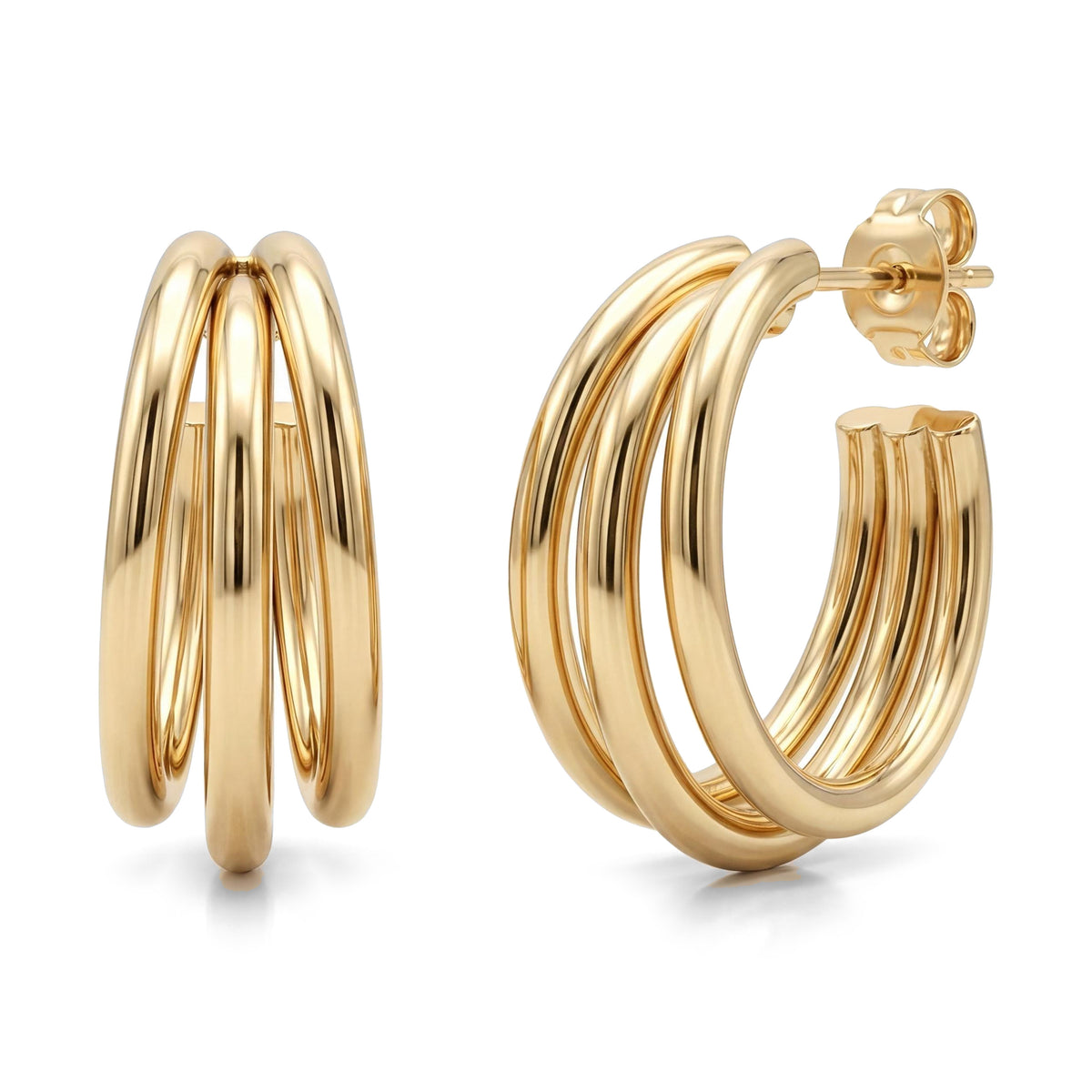 14K yellow gold triple hoop earrings, three-row open hoops with post back, front and side view