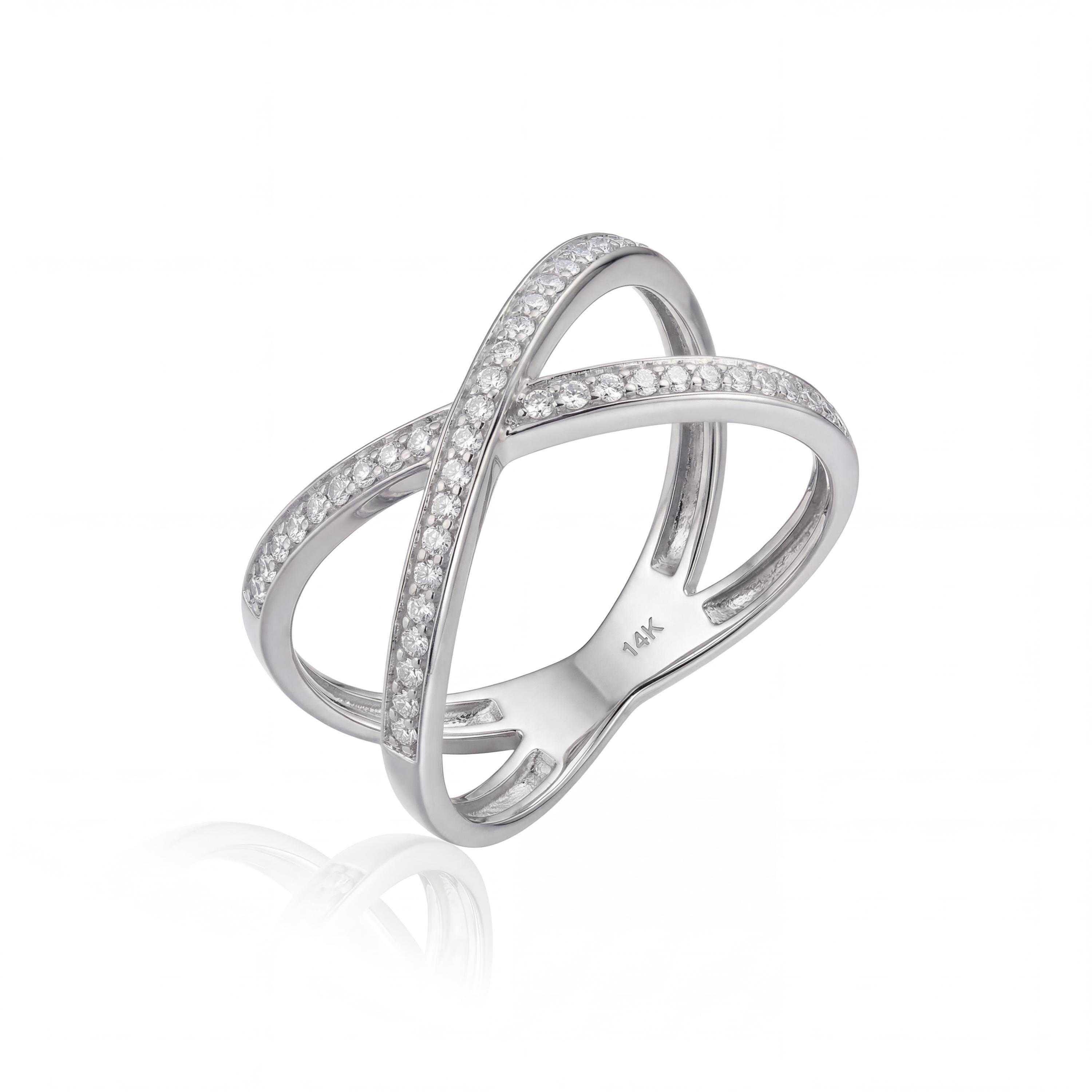 14K Solid Gold Crossover Ring, Pavé Band Criss Cross Design - Minimal Elegant Fine Jewelry