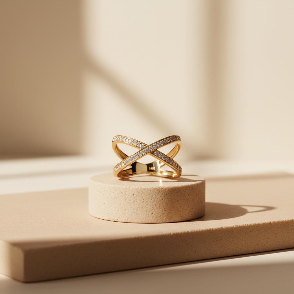 14K Solid Gold Crossover Ring, Pavé Band Criss Cross Design - Minimal Elegant Fine Jewelry
