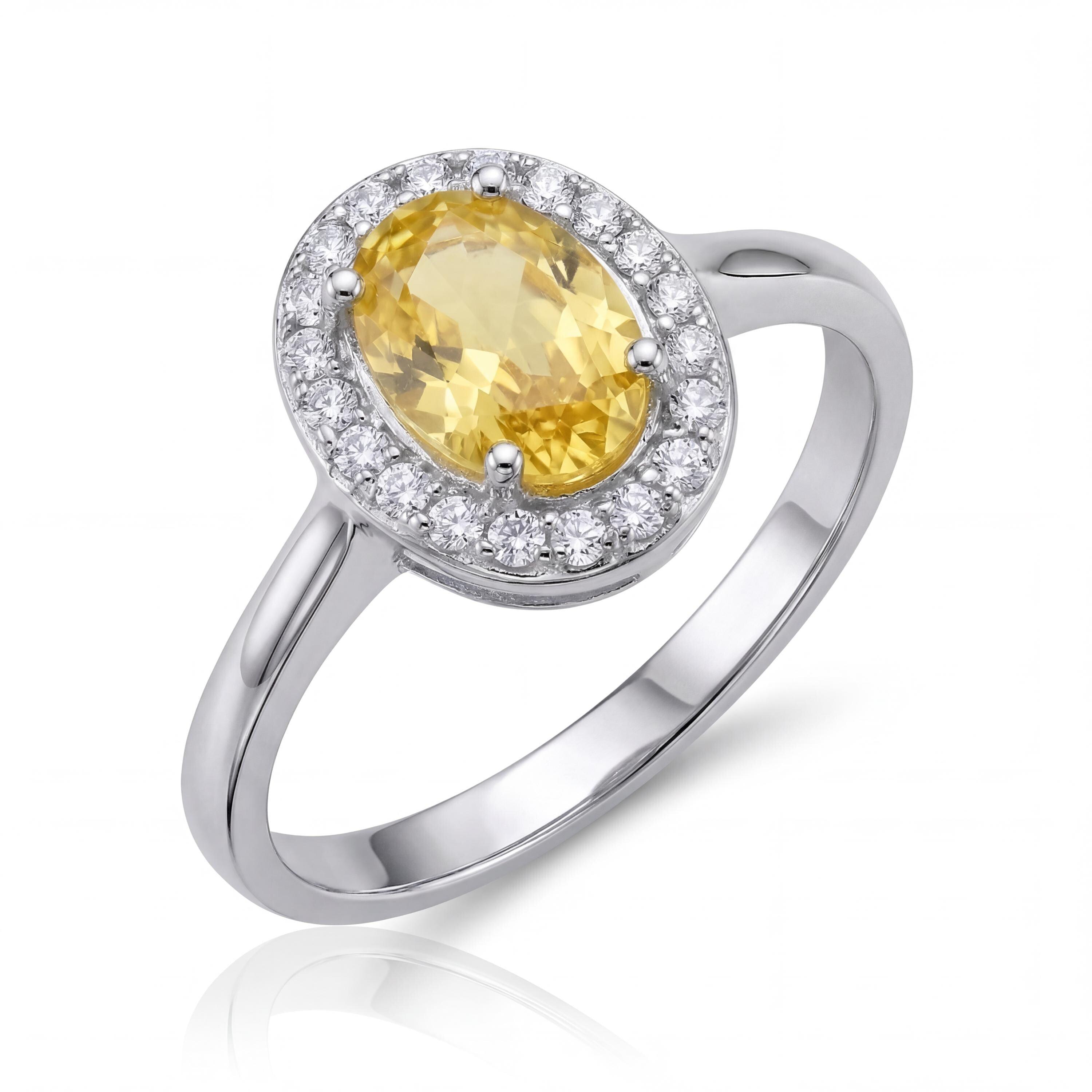 14K Solid Gold Citrine Ring, Oval Halo Lab Grown Yellow Stone - Dainty Fine Jewelry