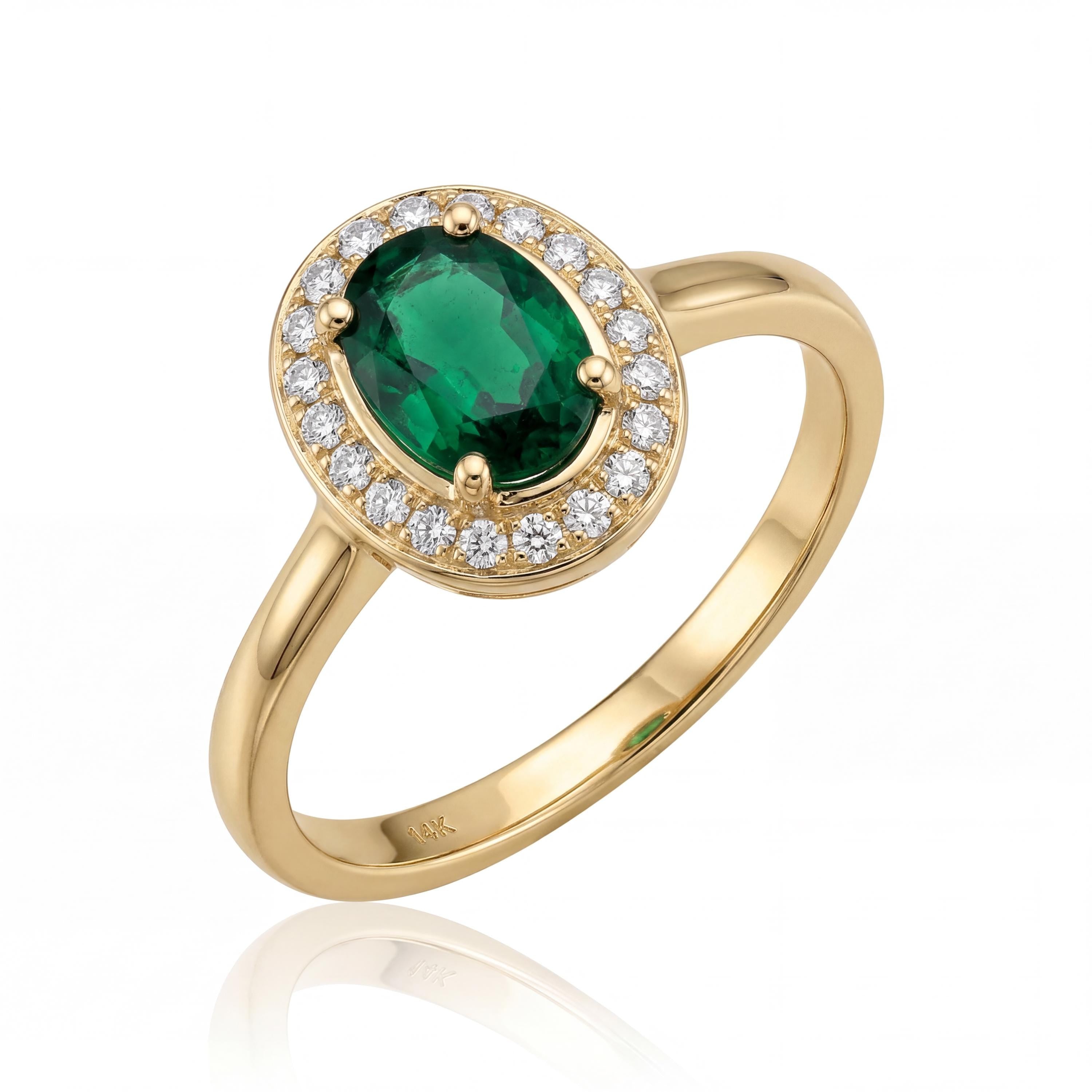 14K Solid Gold Emerald Ring, Oval Halo Lab Grown Green Stone - Dainty Fine Jewelry