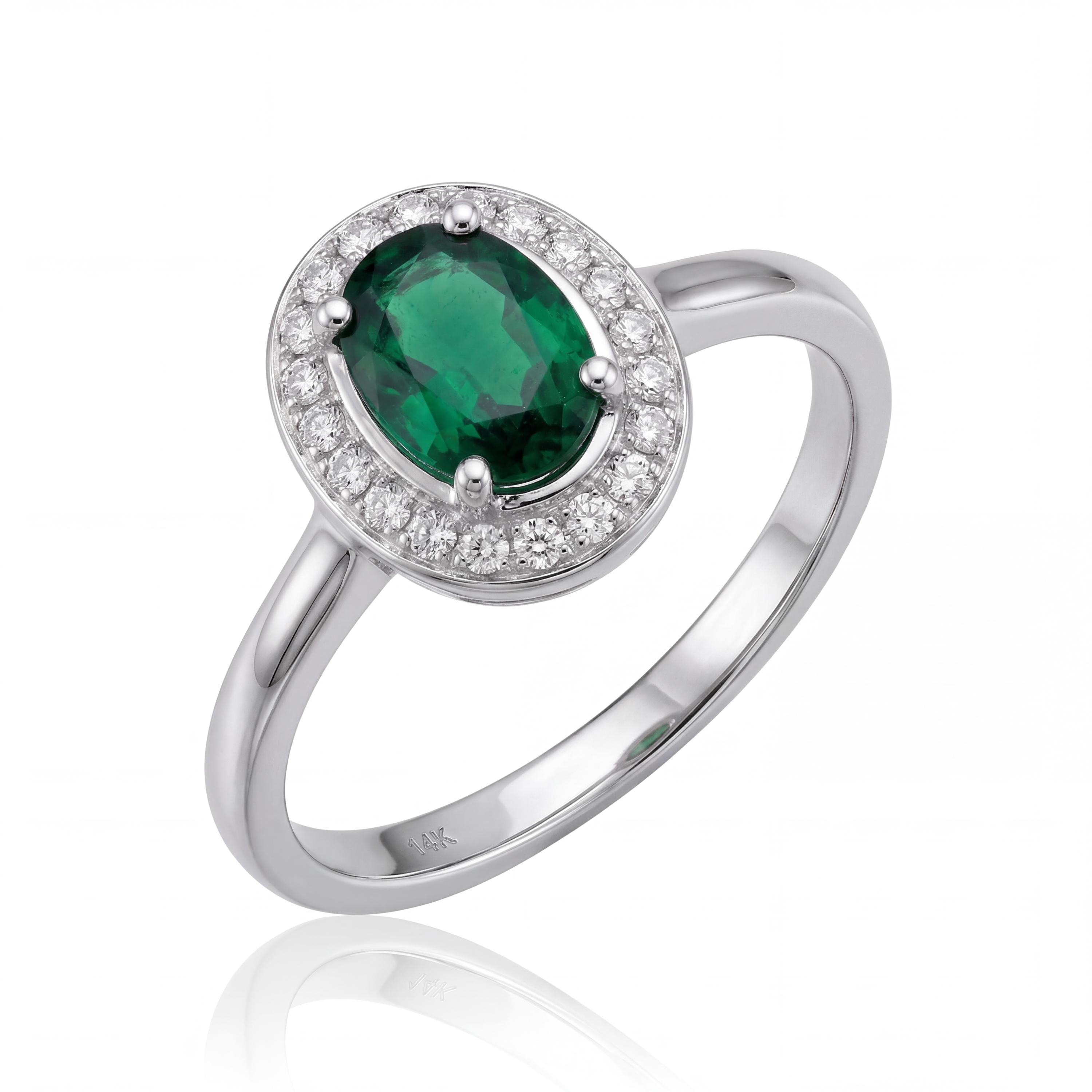 14K Solid Gold Emerald Ring, Oval Halo Lab Grown Green Stone - Dainty Fine Jewelry