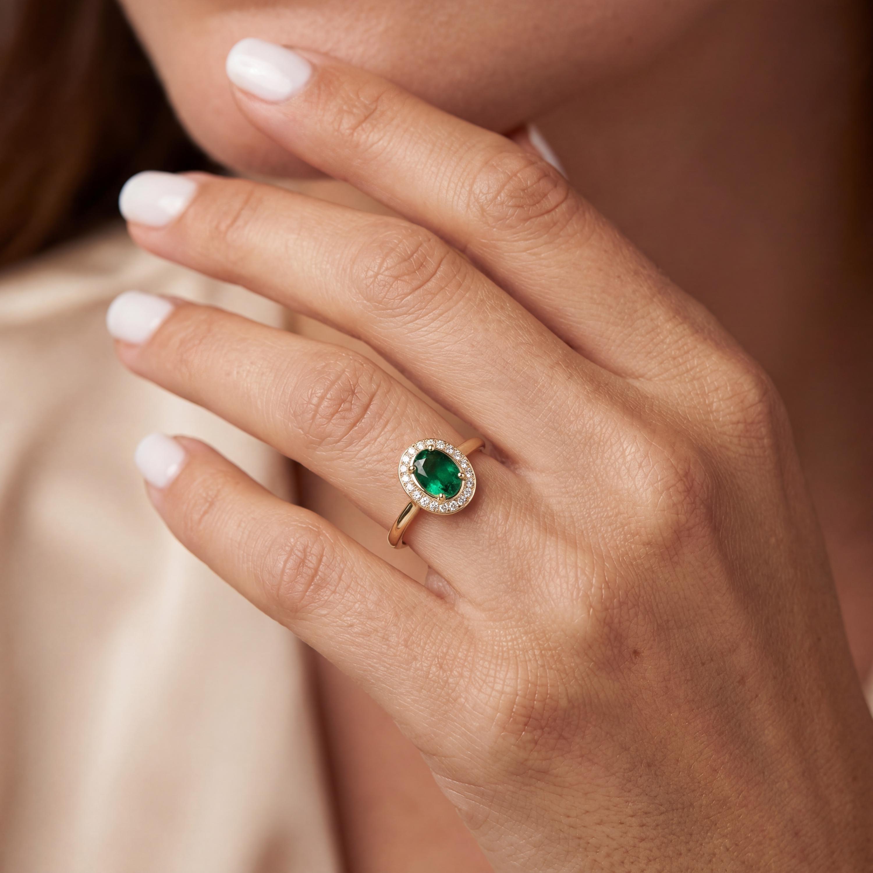 14K Solid Gold Emerald Ring, Oval Halo Lab Grown Green Stone - Dainty Fine Jewelry