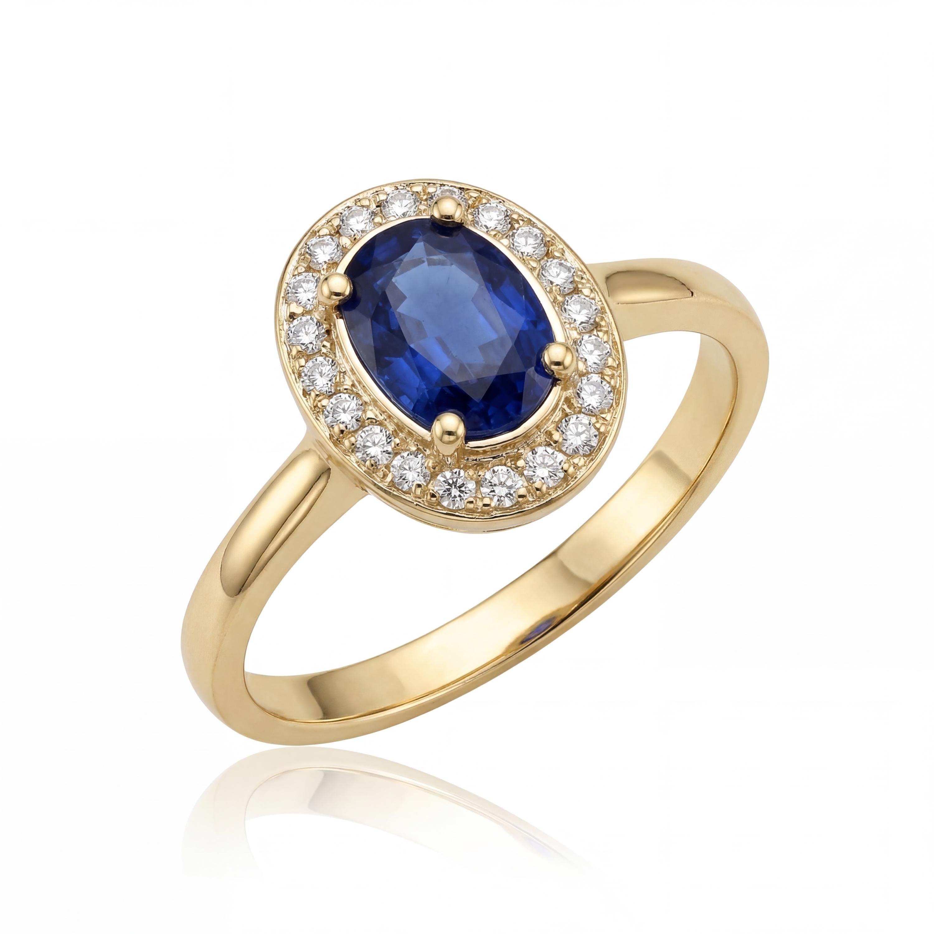 14K solid gold sapphire ring, oval halo lab-grown blue stone, product photo