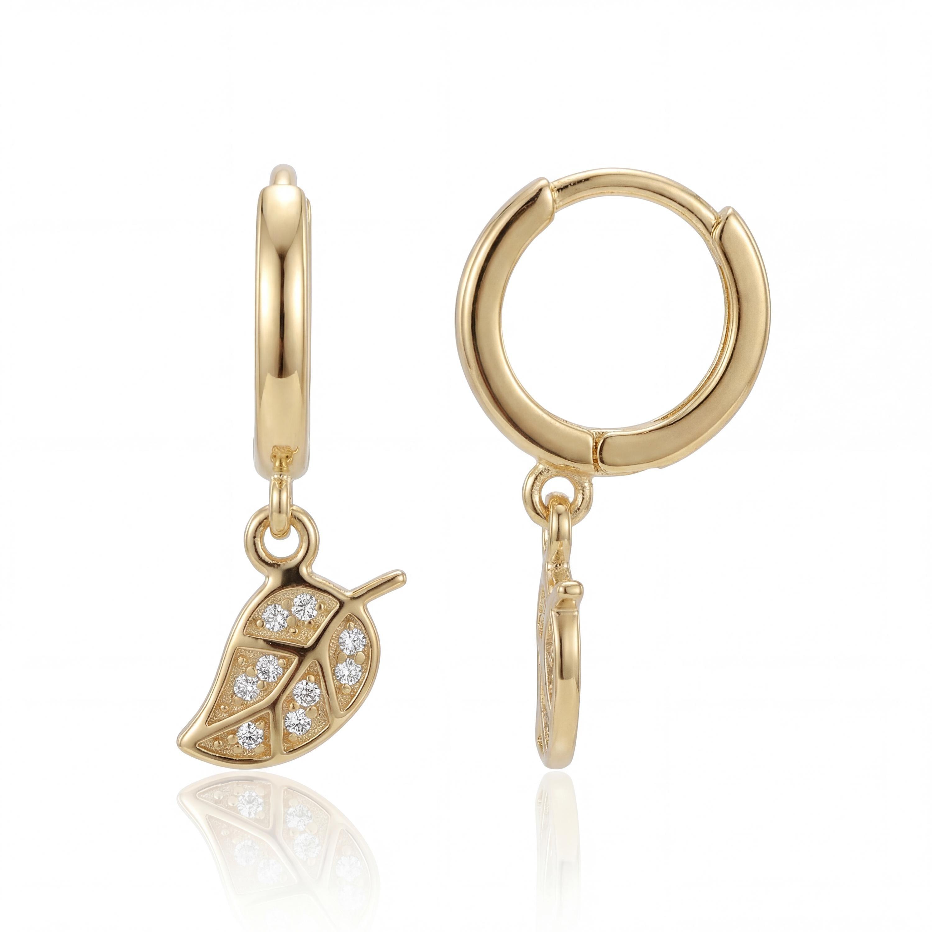 14K gold leaf hoop earrings, dangle diamond charm, product photo