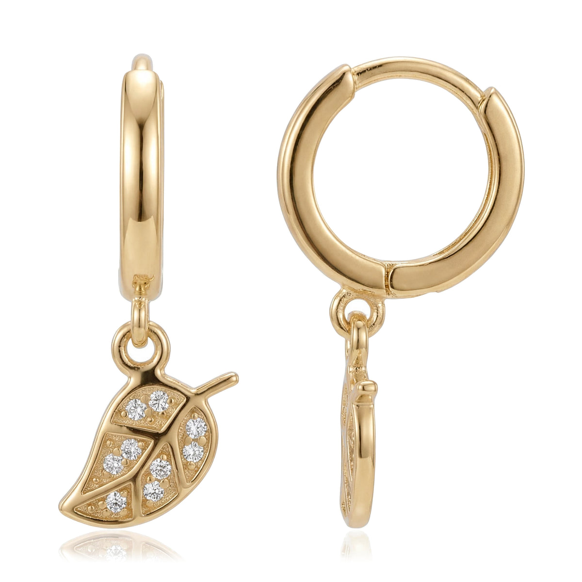 14K yellow gold leaf hoop earrings, huggie hoops with a dangling CZ leaf charm, front and side view on white