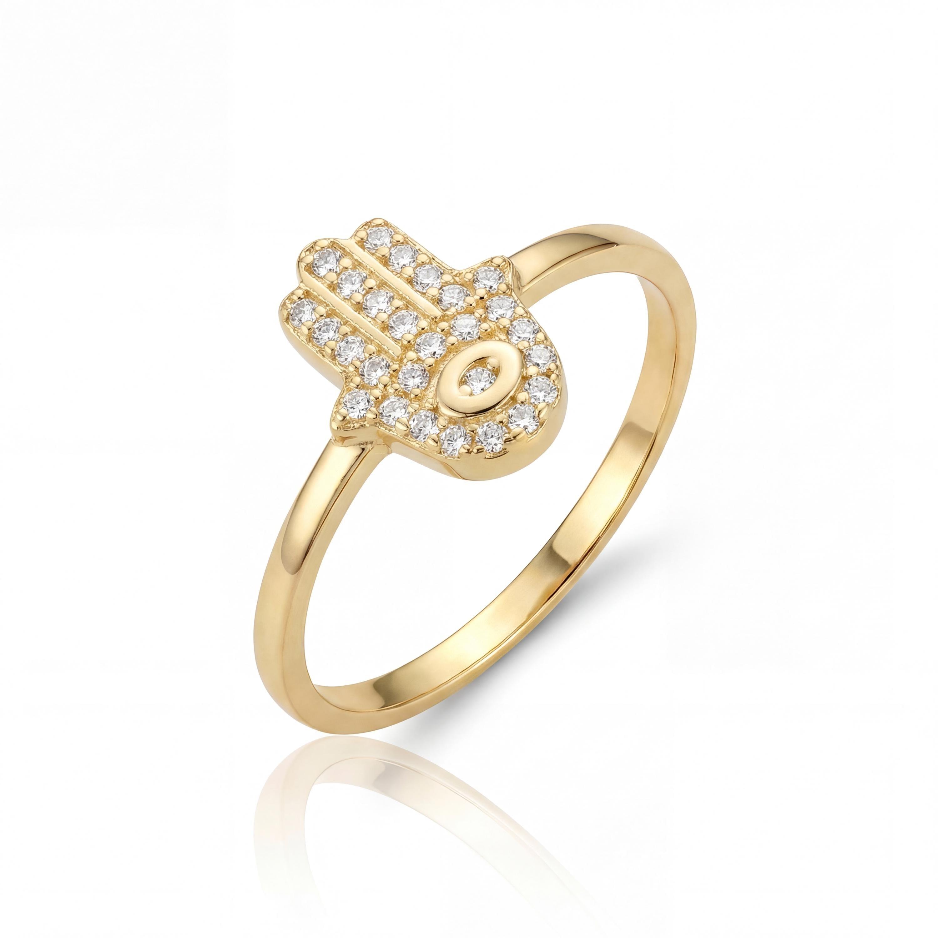 14K Gold Hamsa Ring Diamond Evil Eye Minimal Dainty Jewelry Gift For Her