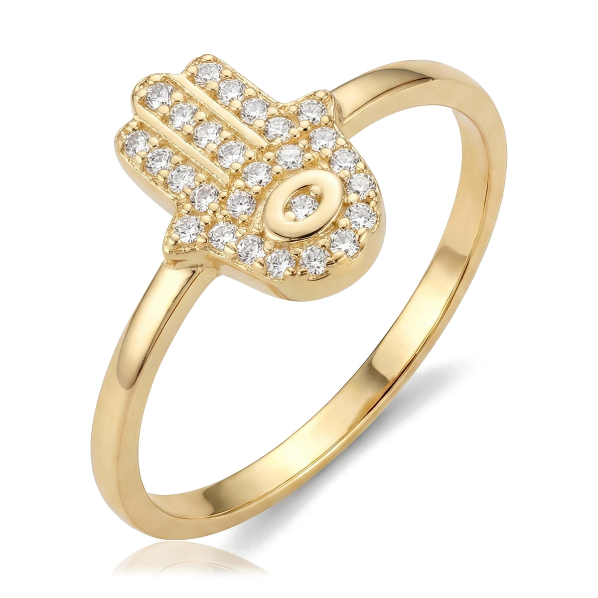 14K yellow gold hamsa ring paved with CZ stones around an evil eye center, angled view on white