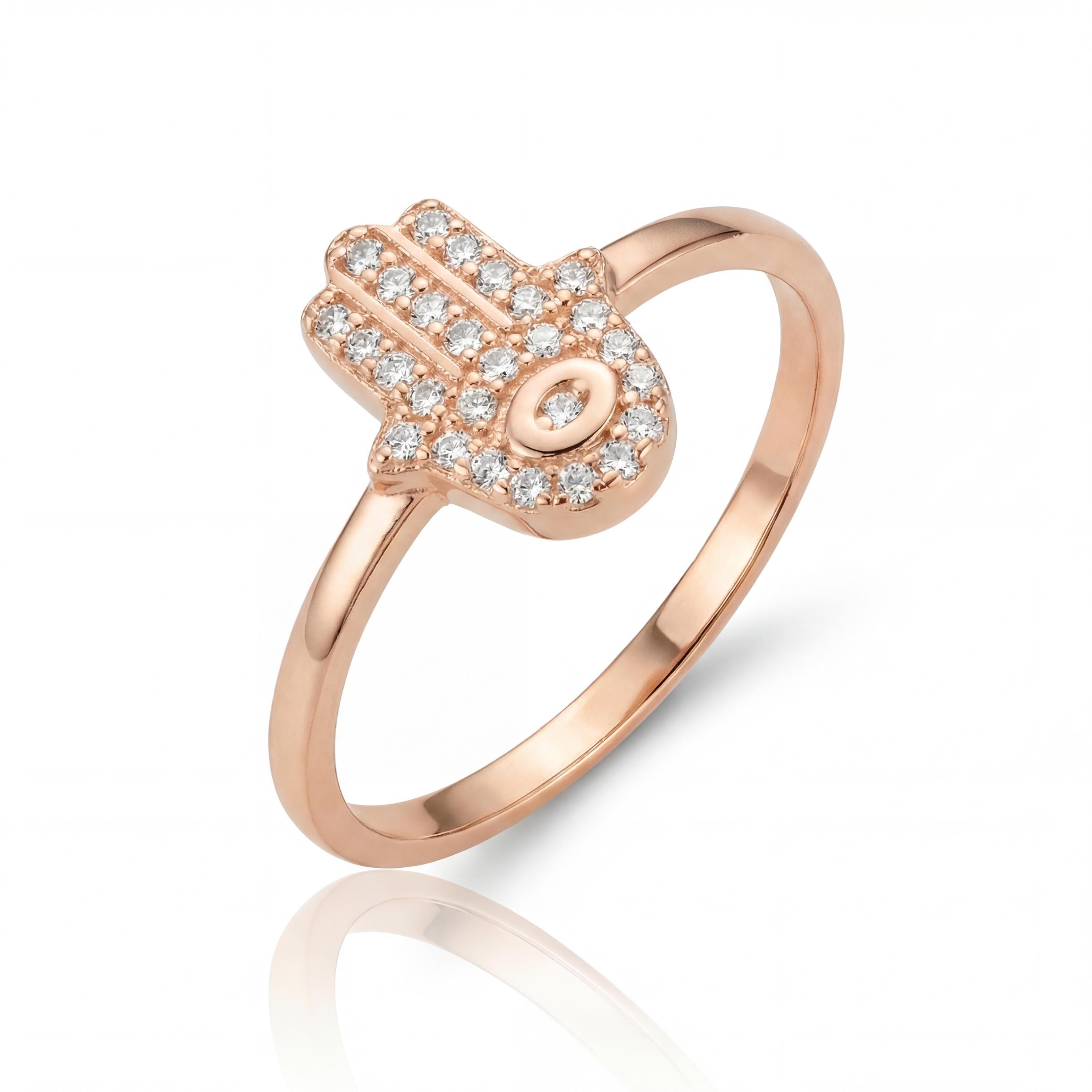 14K Gold Hamsa Ring Diamond Evil Eye Minimal Dainty Jewelry Gift For Her